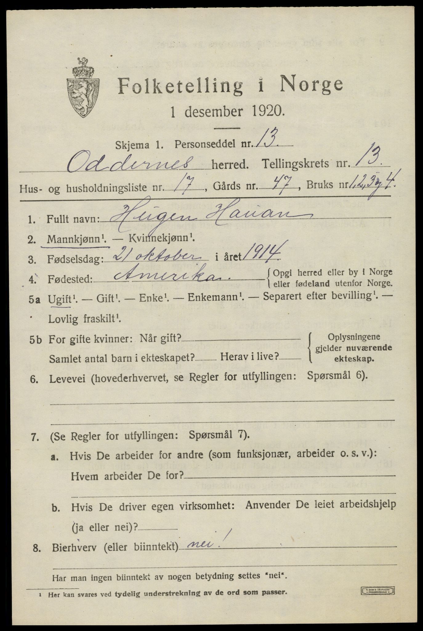 SAK, 1920 census for Oddernes, 1920, p. 8147