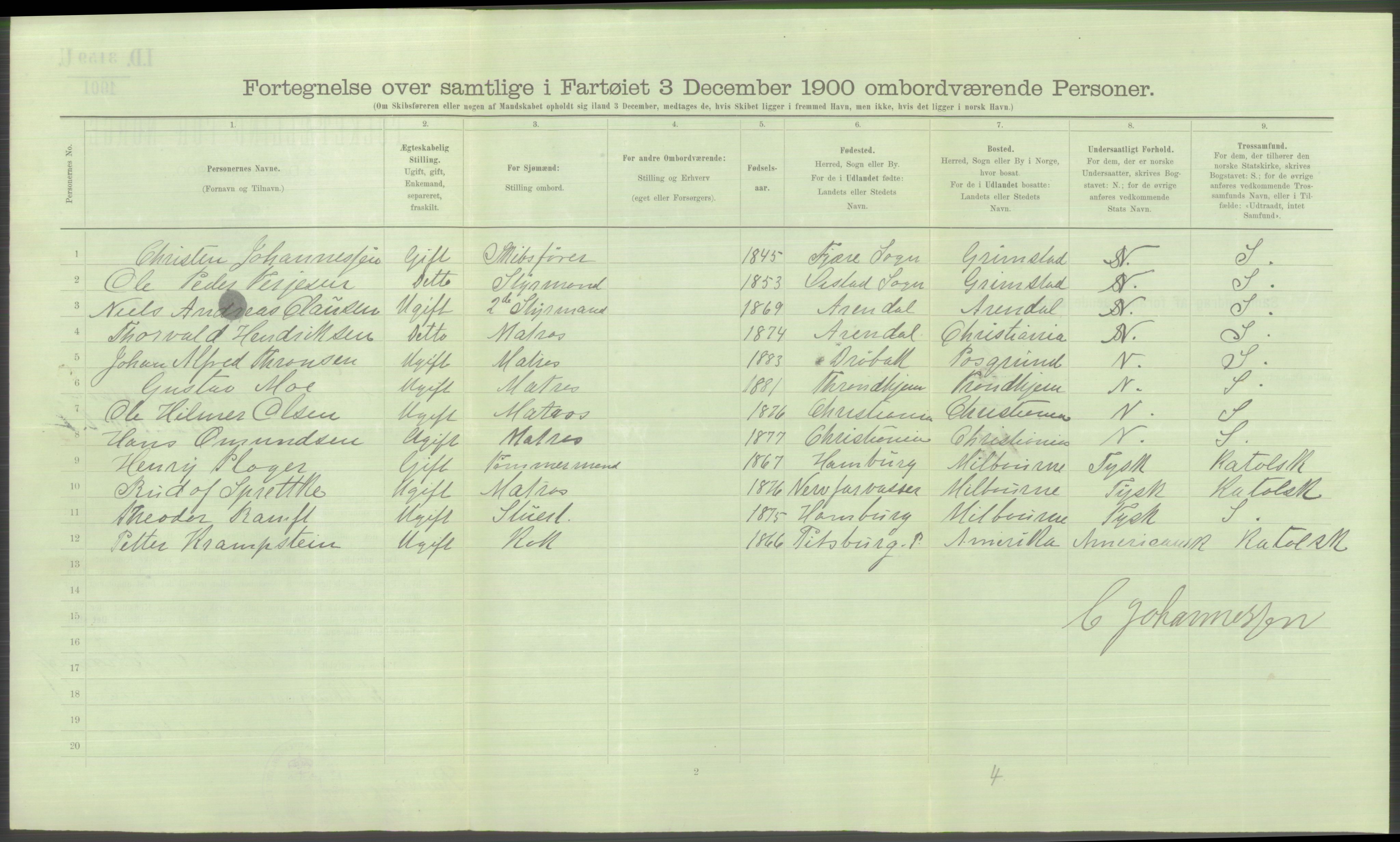 RA, 1900 Census - ship lists from ships in Norwegian harbours, harbours abroad and at sea, 1900, p. 6190