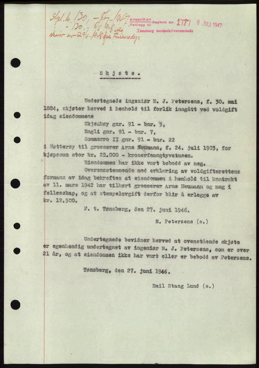 Tønsberg sorenskriveri, AV/SAKO-A-130/G/Ga/Gaa/L0022: Mortgage book no. A22, 1947-1947, Diary no: : 2181/1947