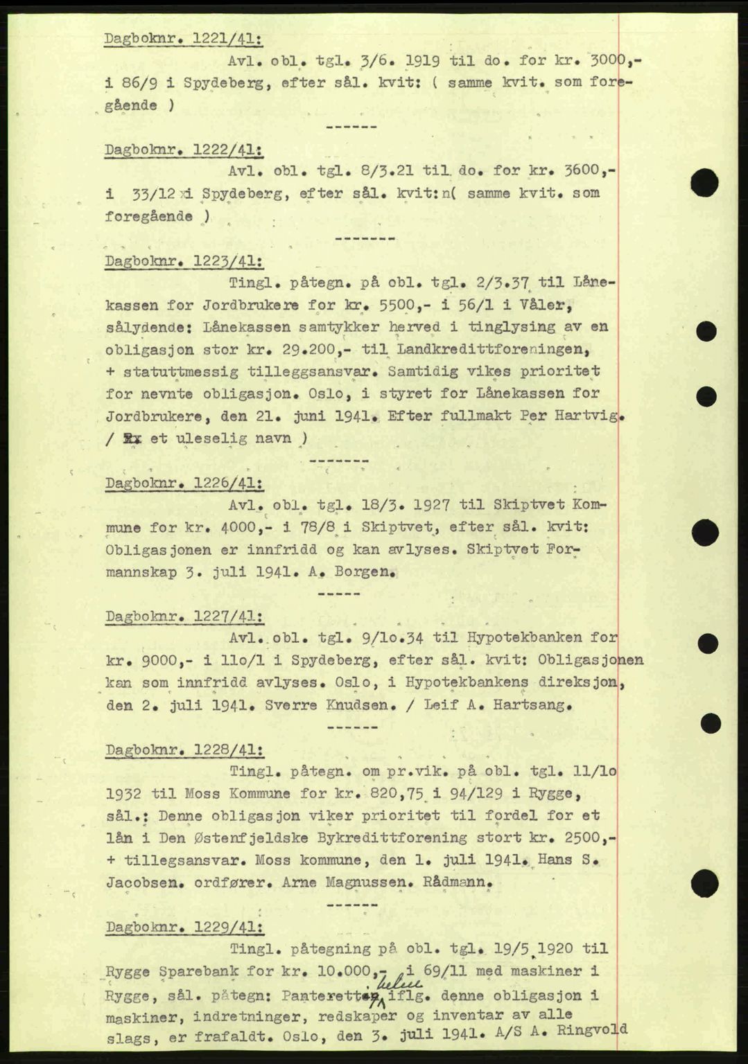 Moss sorenskriveri, SAO/A-10168: Mortgage book no. B10, 1940-1941, Diary no: : 1221/1941