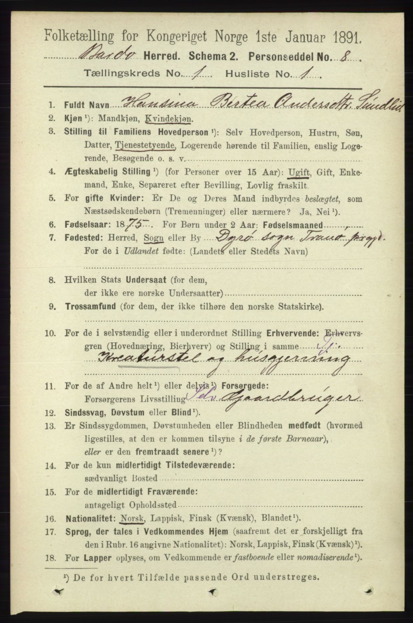 RA, 1891 census for 1922 Bardu, 1891, p. 65