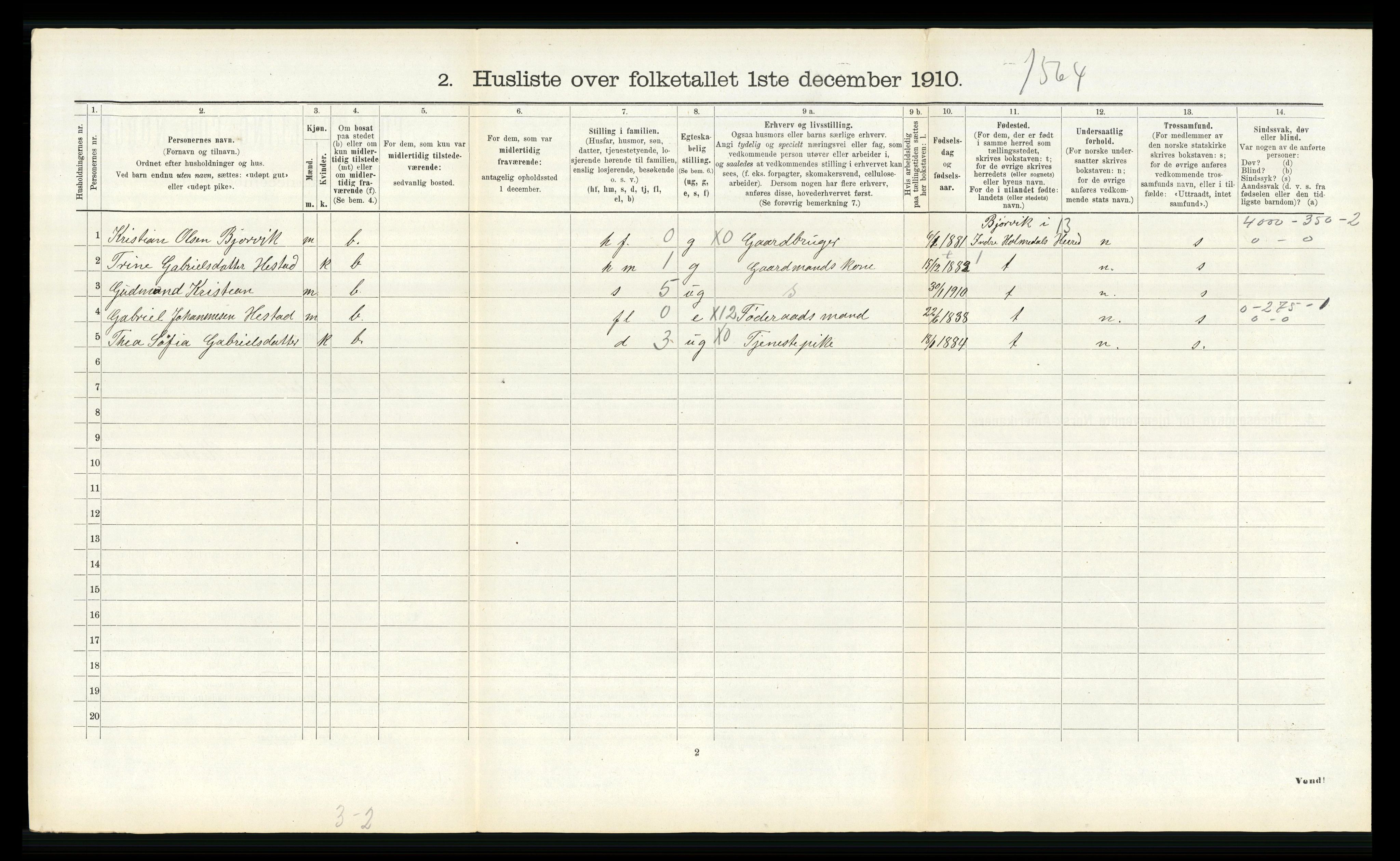 RA, 1910 census for Ytre Holmedal, 1910, p. 623