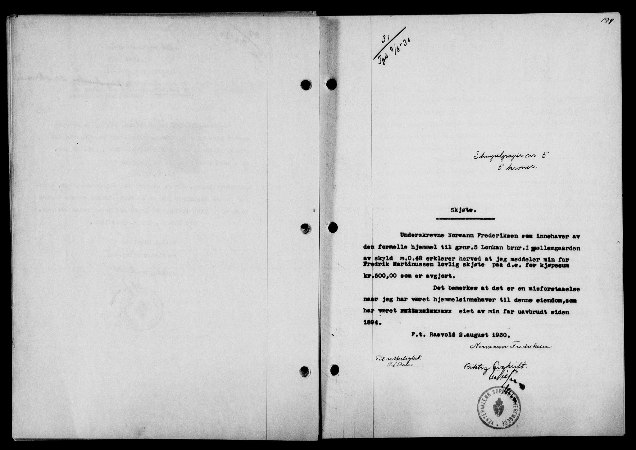 Vesterålen sorenskriveri, SAT/A-4180/1/2/2Ca/L0051: Mortgage book no. 44, 1930-1930, Deed date: 07.08.1930