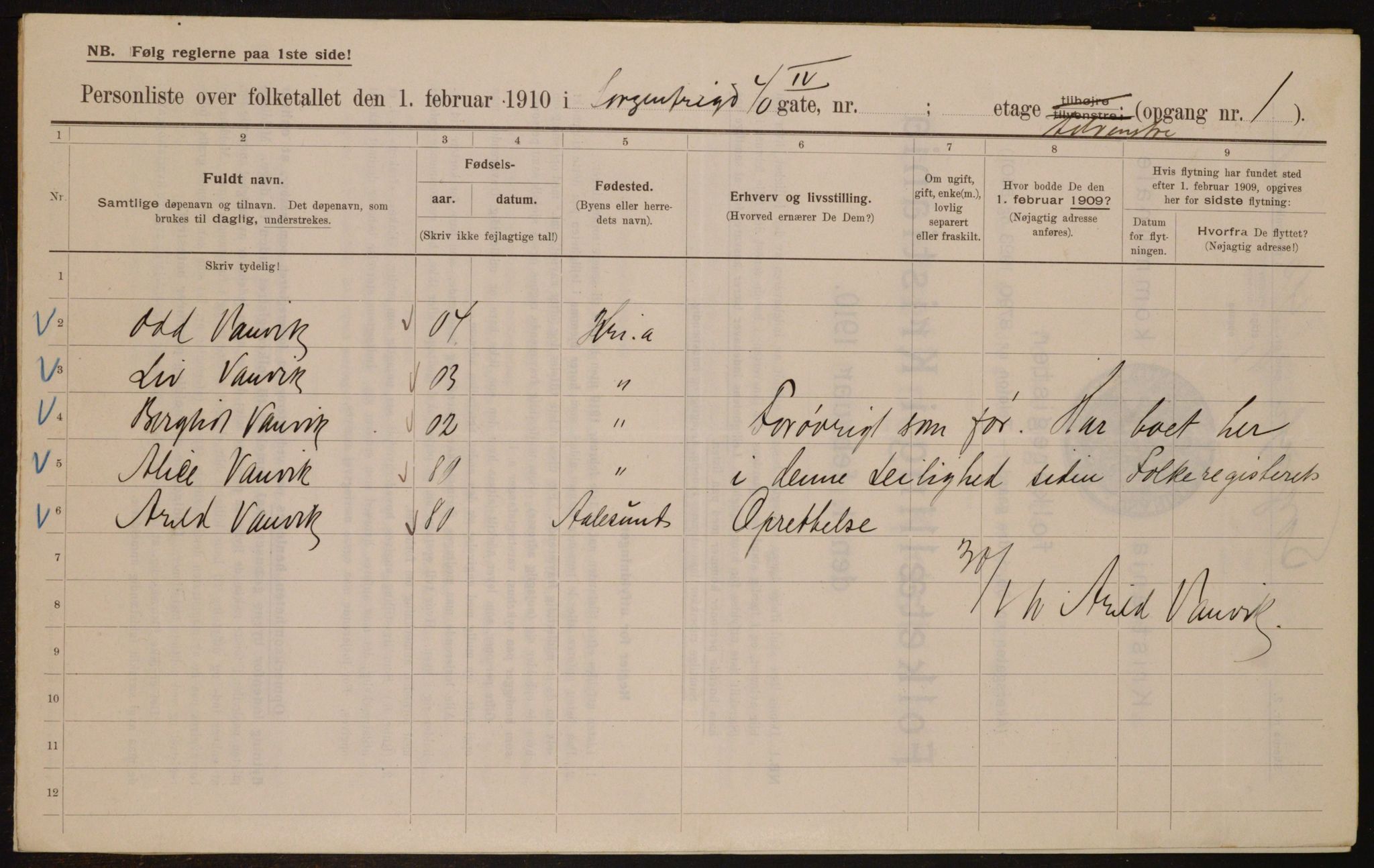 OBA, Municipal Census 1910 for Kristiania, 1910, p. 95507