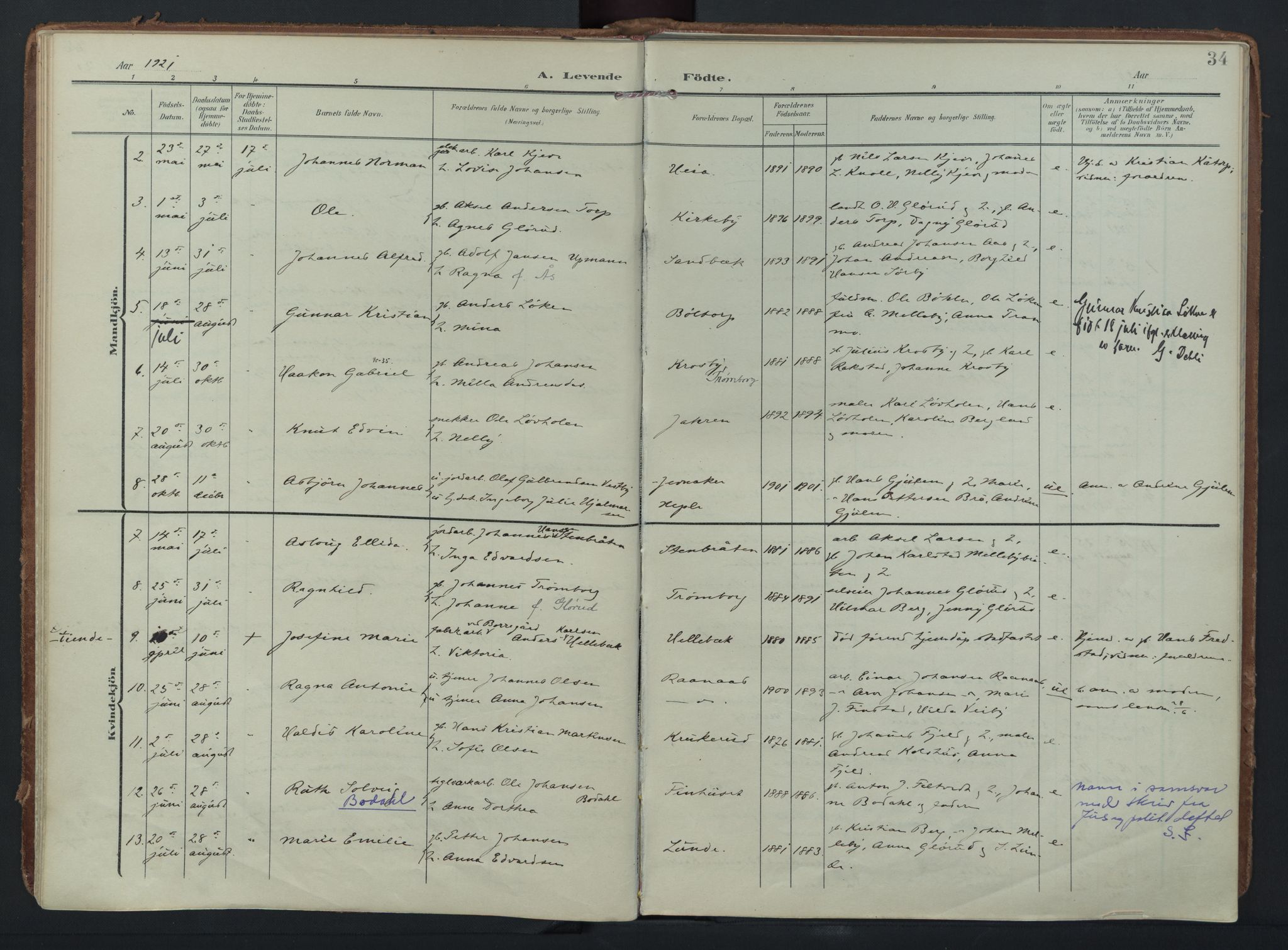 Eidsberg prestekontor Kirkebøker, SAO/A-10905/F/Fc/L0002: Parish register (official) no. III 2, 1906-1934, p. 34