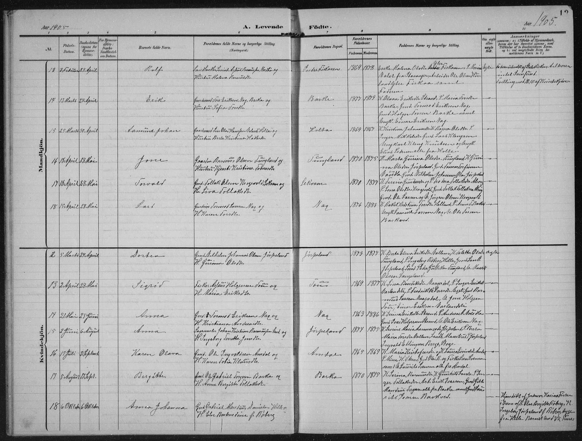 Strand sokneprestkontor, AV/SAST-A-101828/H/Ha/Hab/L0005: Parish register (copy) no. B 5, 1904-1934, p. 13