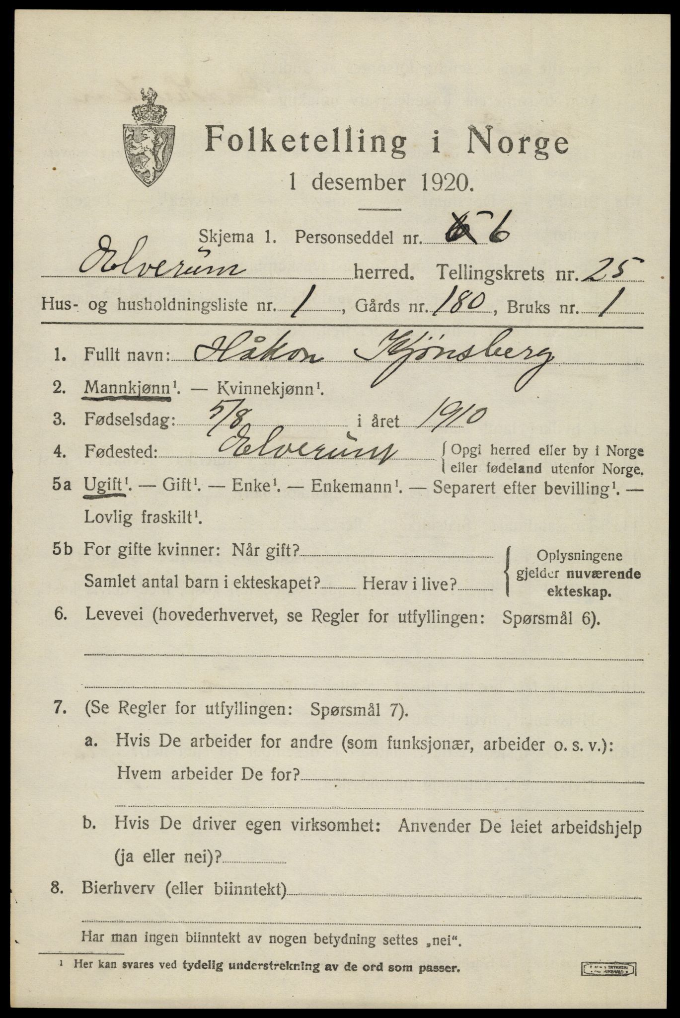 SAH, 1920 census for Elverum, 1920, p. 26236