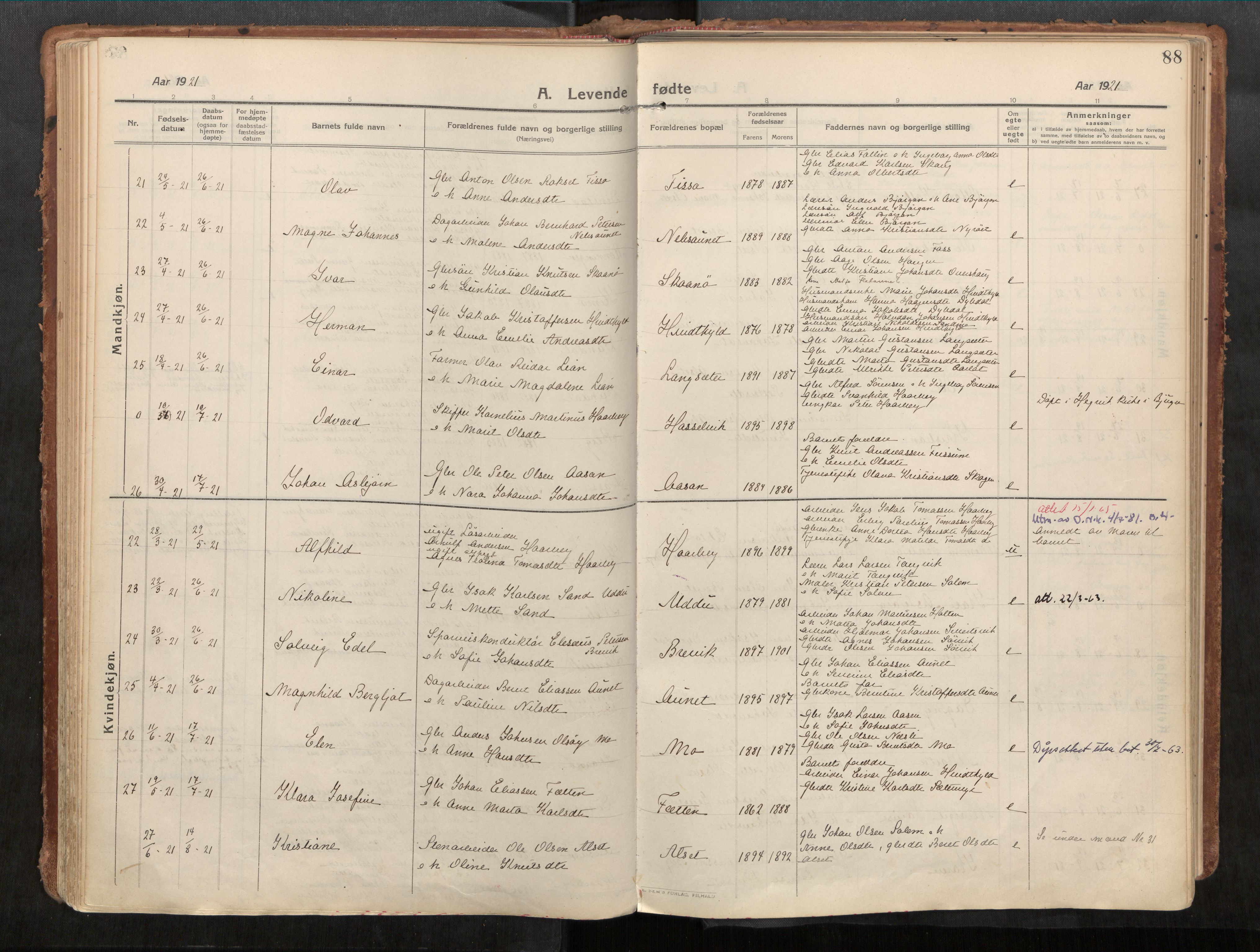 Stadsbygd sokneprestkontor, AV/SAT-A-1117/1/I/I1/I1a/L0001: Parish register (official) no. 1, 1911-1929, p. 88