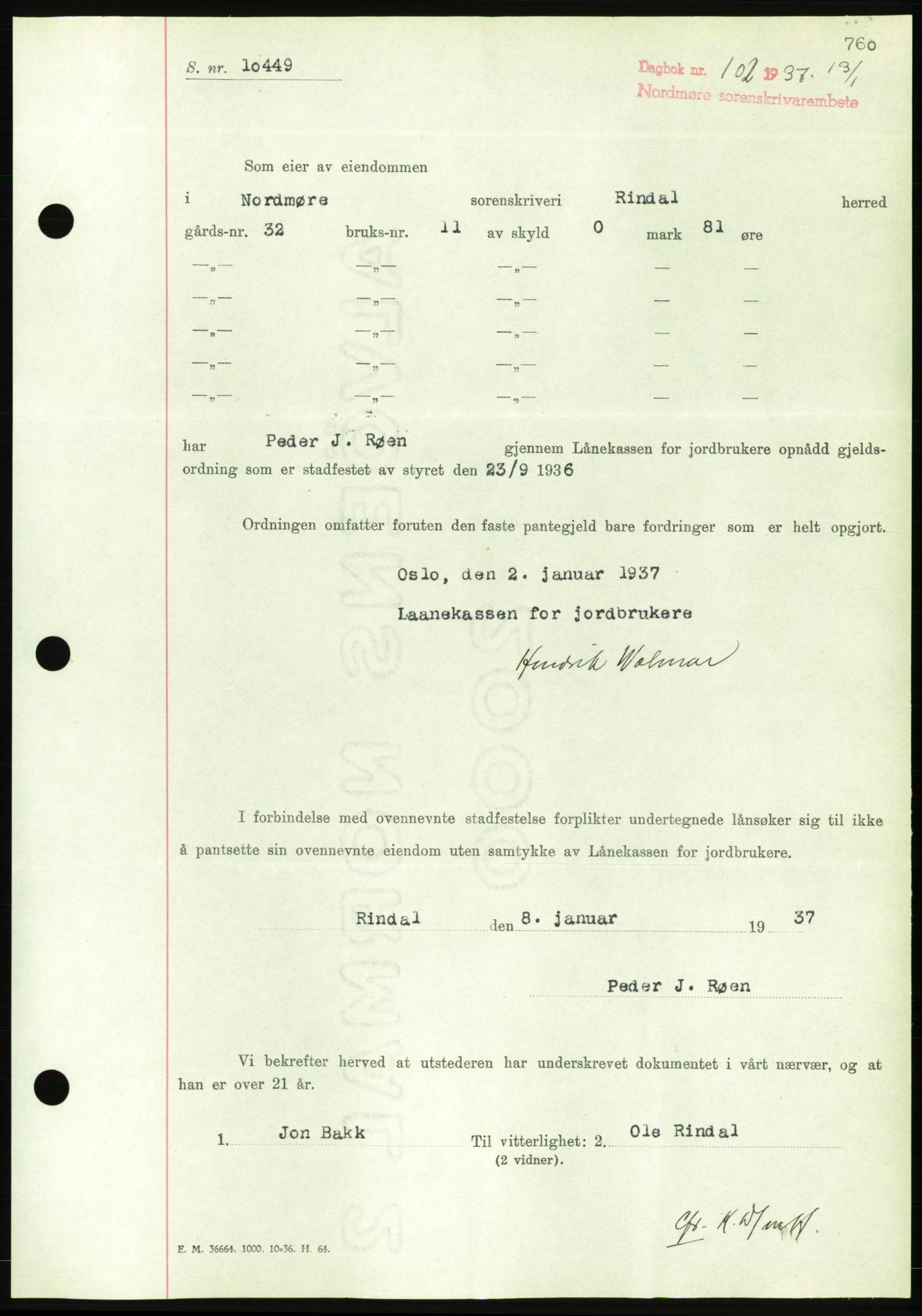 Nordmøre sorenskriveri, AV/SAT-A-4132/1/2/2Ca/L0090: Mortgage book no. B80, 1936-1937, Diary no: : 102/1937