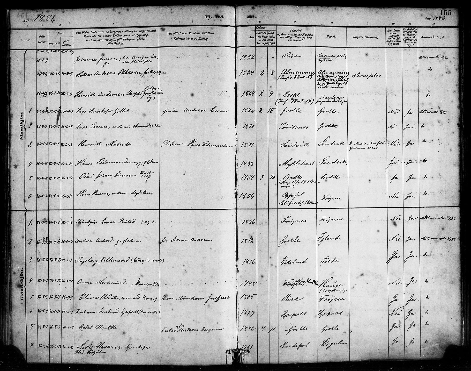 Bremanger sokneprestembete, SAB/A-82201/H/Haa/Haab/L0001: Parish register (official) no. B 1, 1884-1895, p. 155
