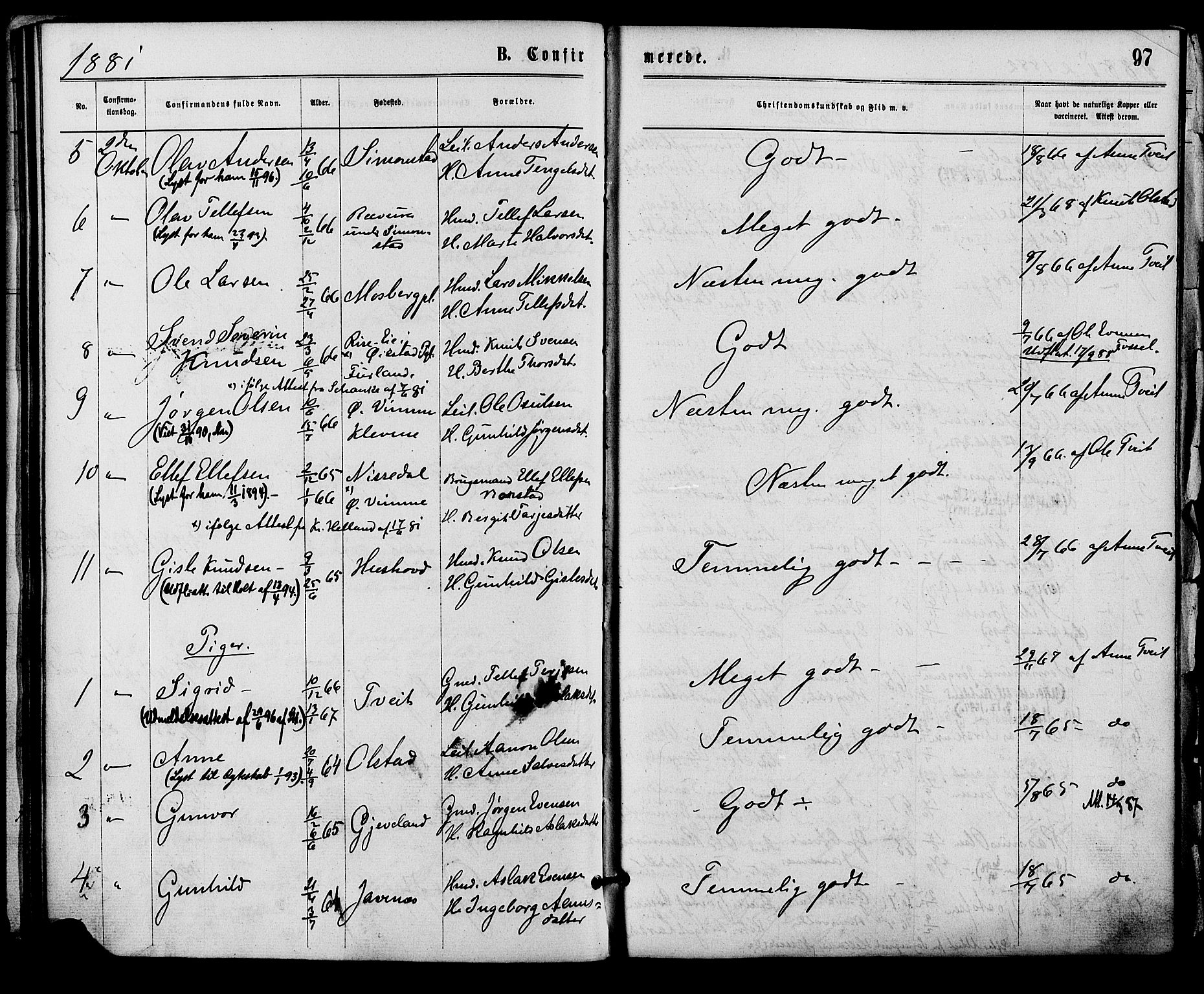 Åmli sokneprestkontor, AV/SAK-1111-0050/F/Fa/Fac/L0009: Parish register (official) no. A 9 /1, 1869-1884, p. 97