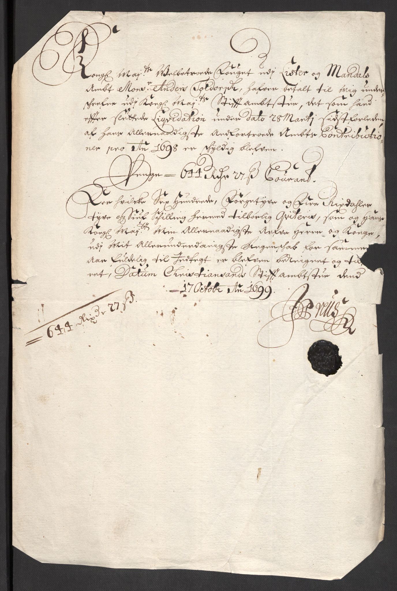 Rentekammeret inntil 1814, Reviderte regnskaper, Fogderegnskap, RA/EA-4092/R43/L2547: Fogderegnskap Lista og Mandal, 1698-1699, p. 143