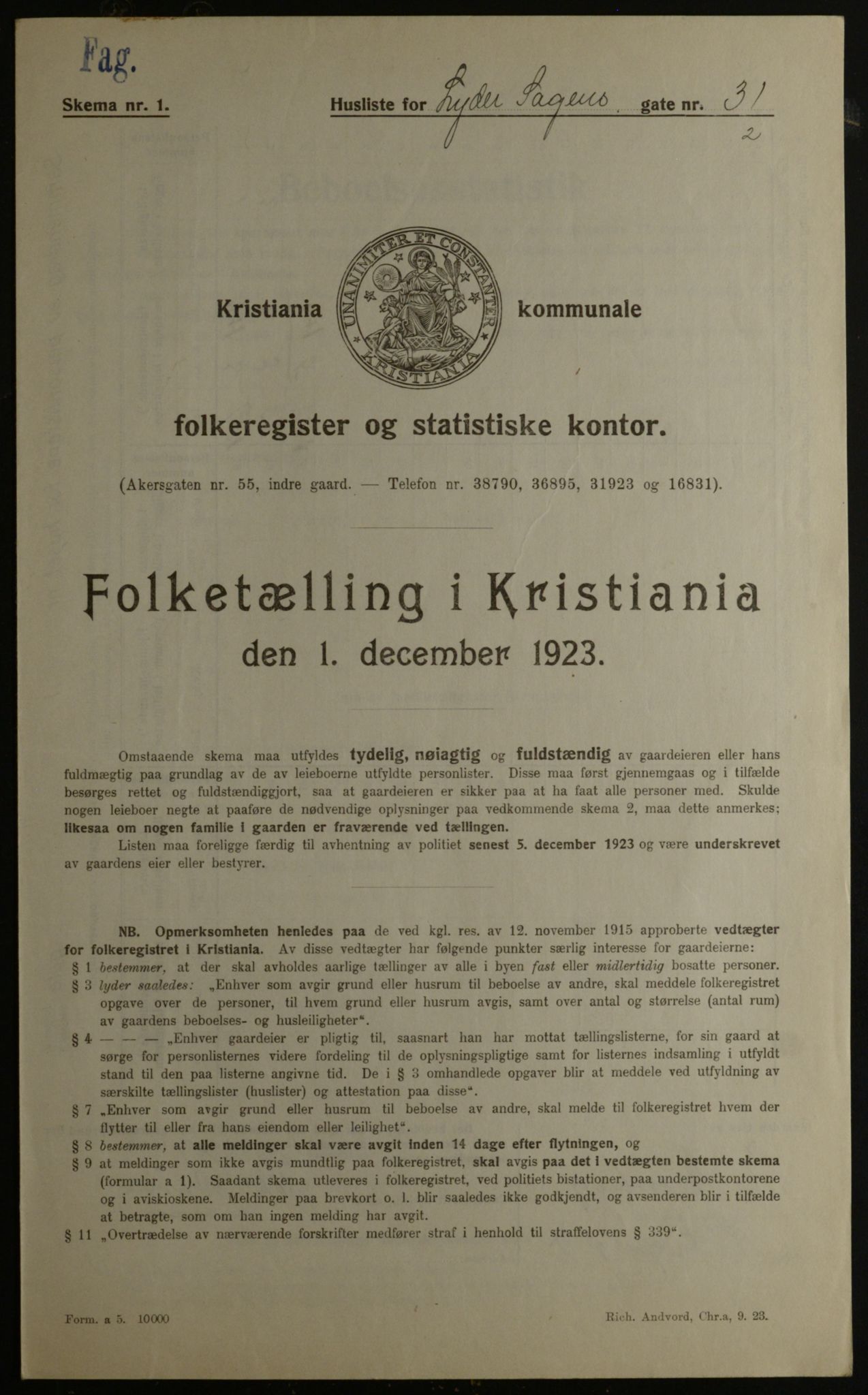 OBA, Municipal Census 1923 for Kristiania, 1923, p. 65113