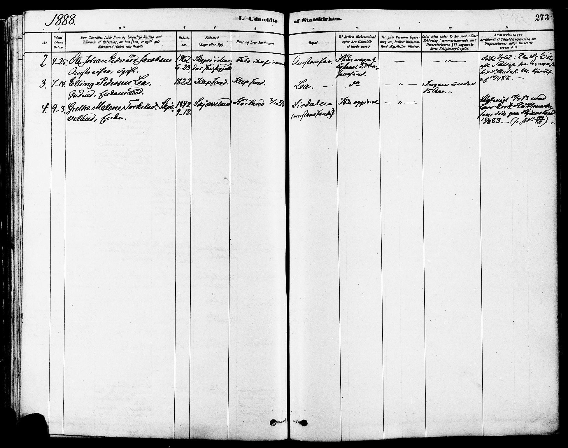 Høyland sokneprestkontor, SAST/A-101799/001/30BA/L0011: Parish register (official) no. A 10, 1878-1888, p. 273
