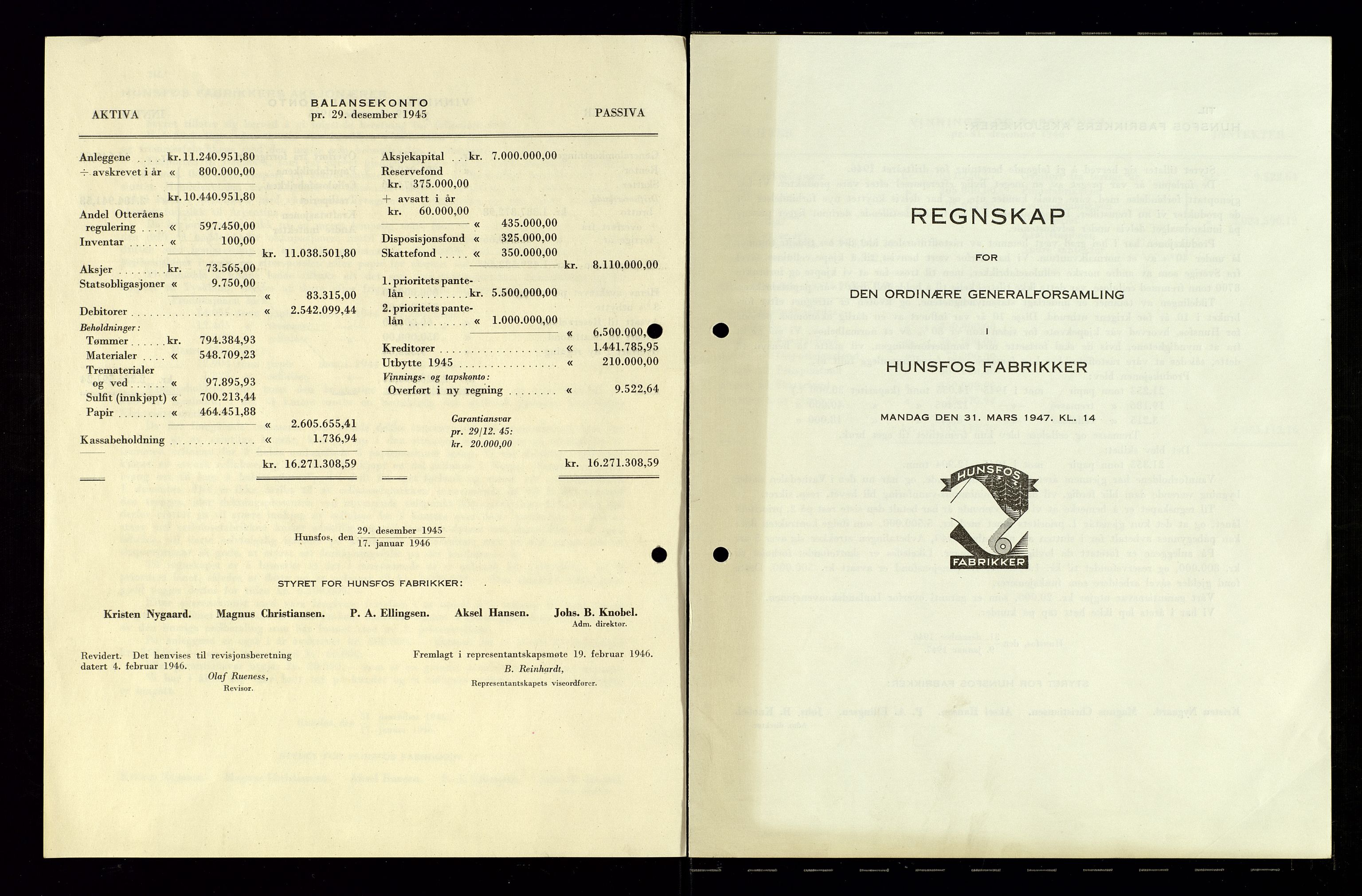 Hunsfos fabrikker, AV/SAK-D/1440/01/L0001/0003: Vedtekter, anmeldelser og årsberetninger / Årsberetninger og regnskap, 1918-1989, p. 97