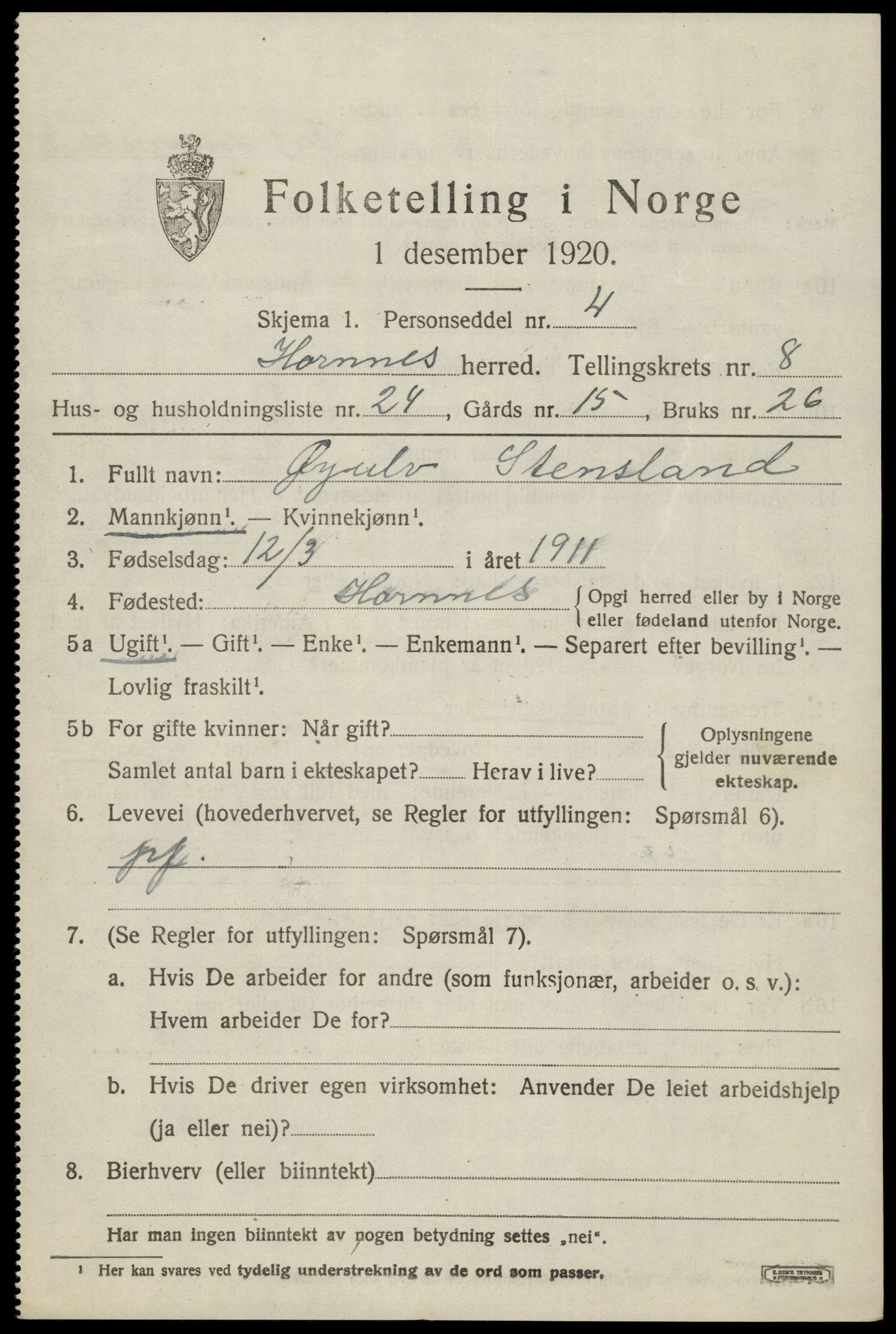 SAK, 1920 census for Hornnes, 1920, p. 2171