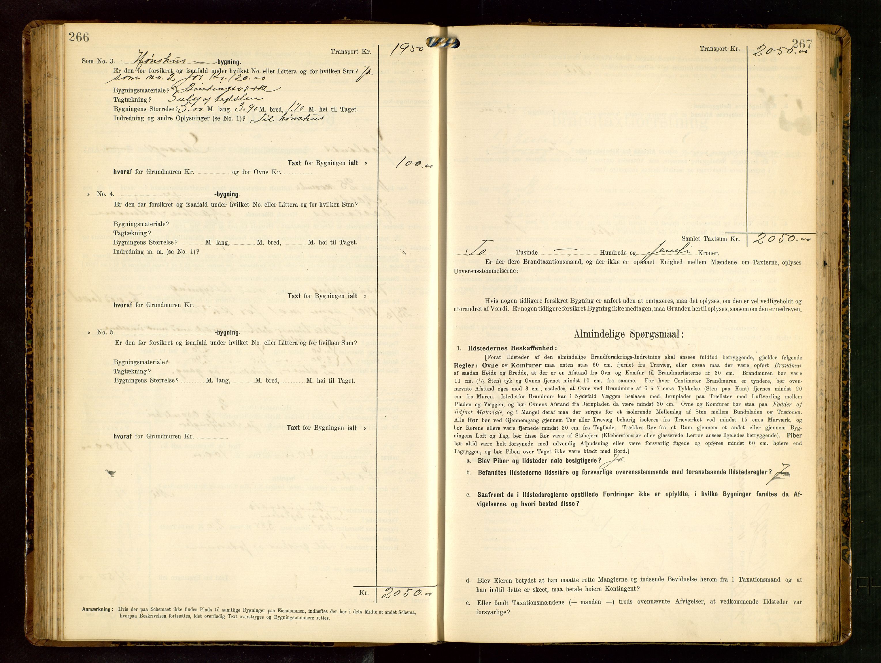 Håland lensmannskontor, AV/SAST-A-100100/Gob/L0003: Branntakstprotokoll - skjematakst. Register i boken., 1909-1910, p. 266-267