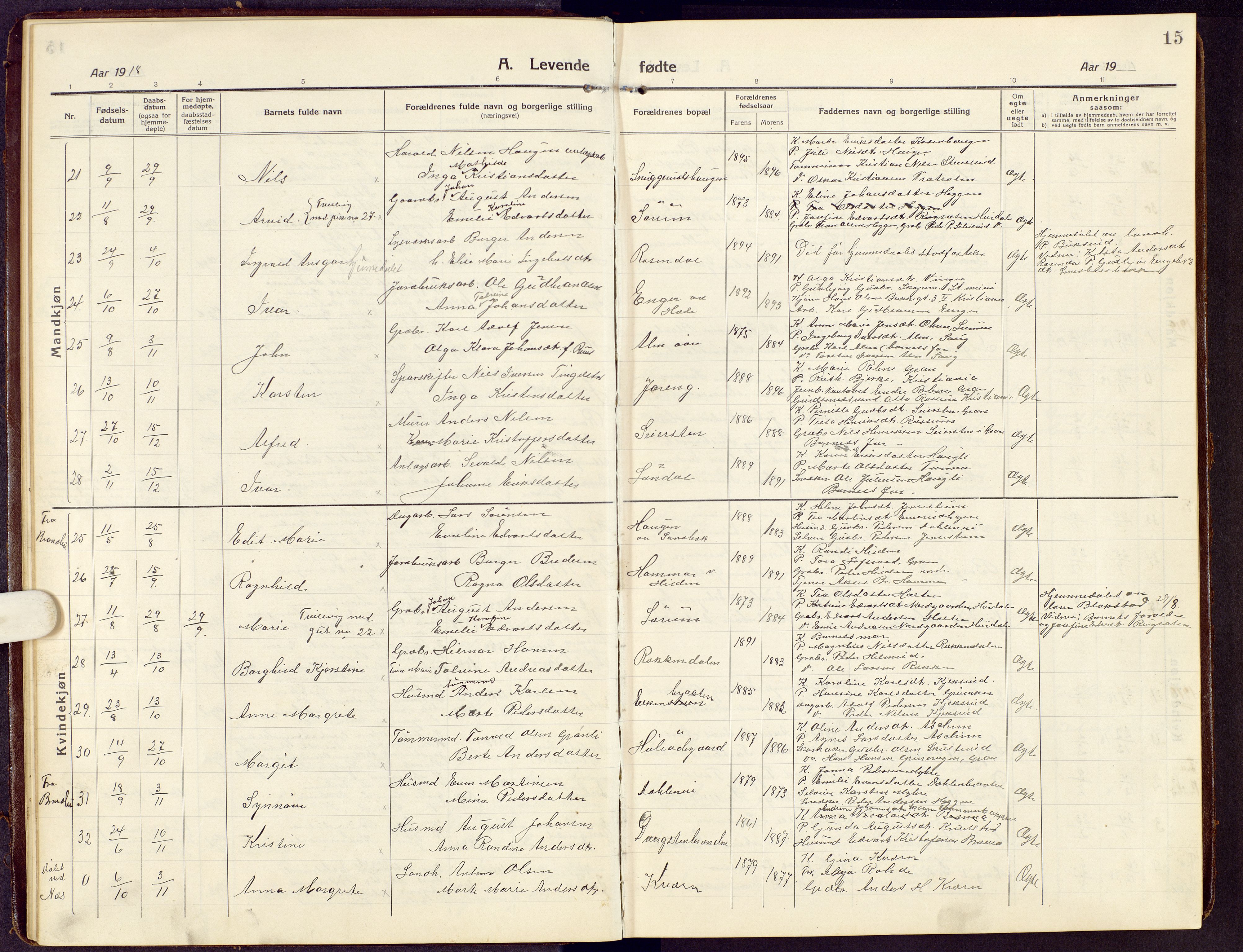 Brandbu prestekontor, SAH/PREST-114/H/Ha/Hab/L0010: Parish register (copy) no. 10, 1916-1930, p. 15