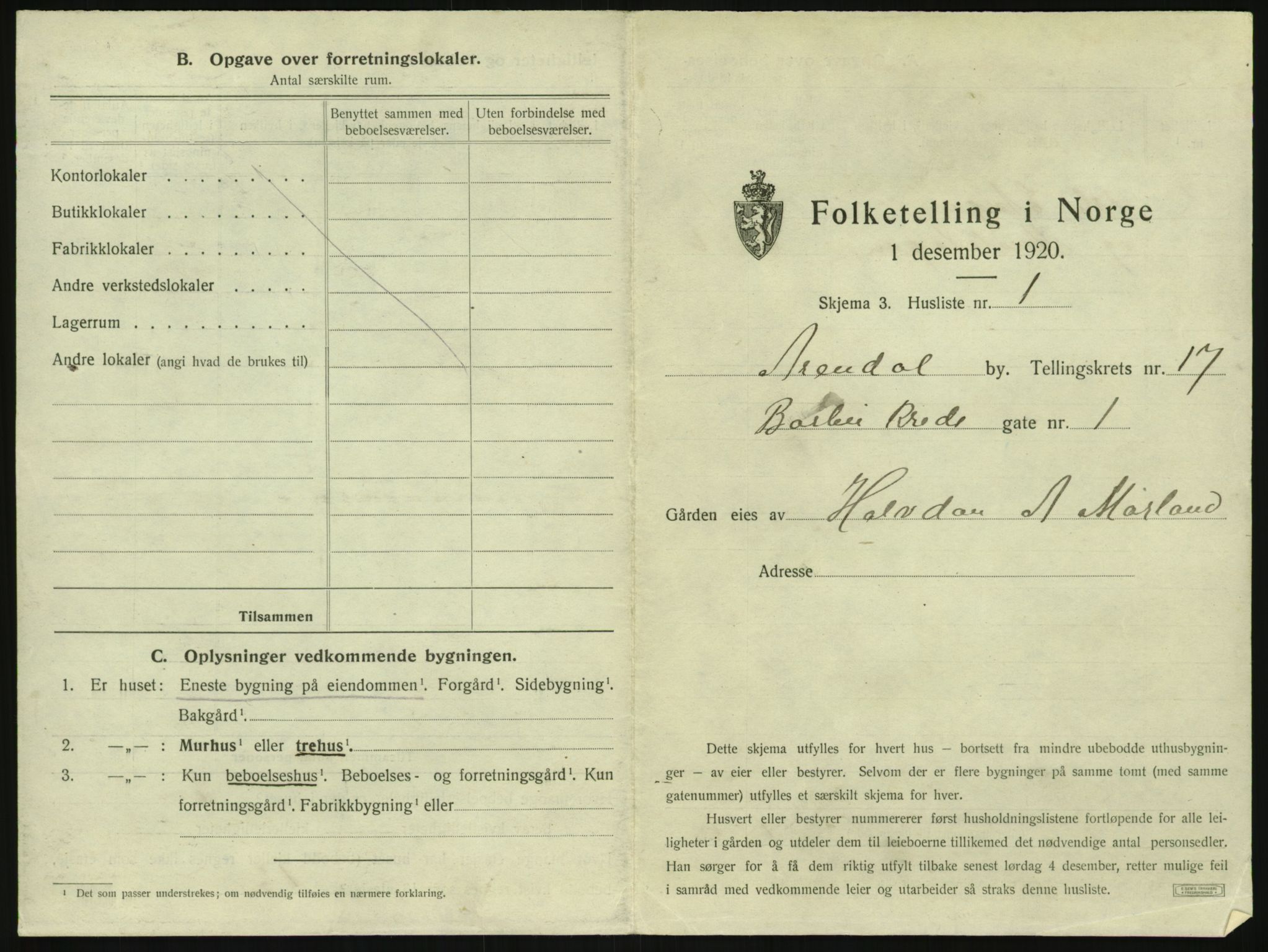 SAK, 1920 census for Arendal, 1920, p. 2530