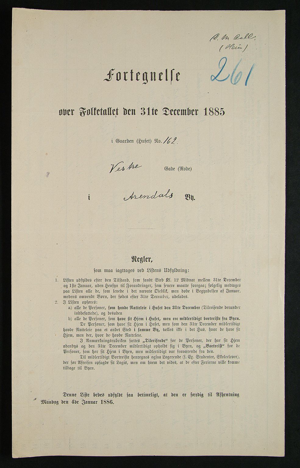 SAK, 1885 census for 0903 Arendal, 1885, p. 261