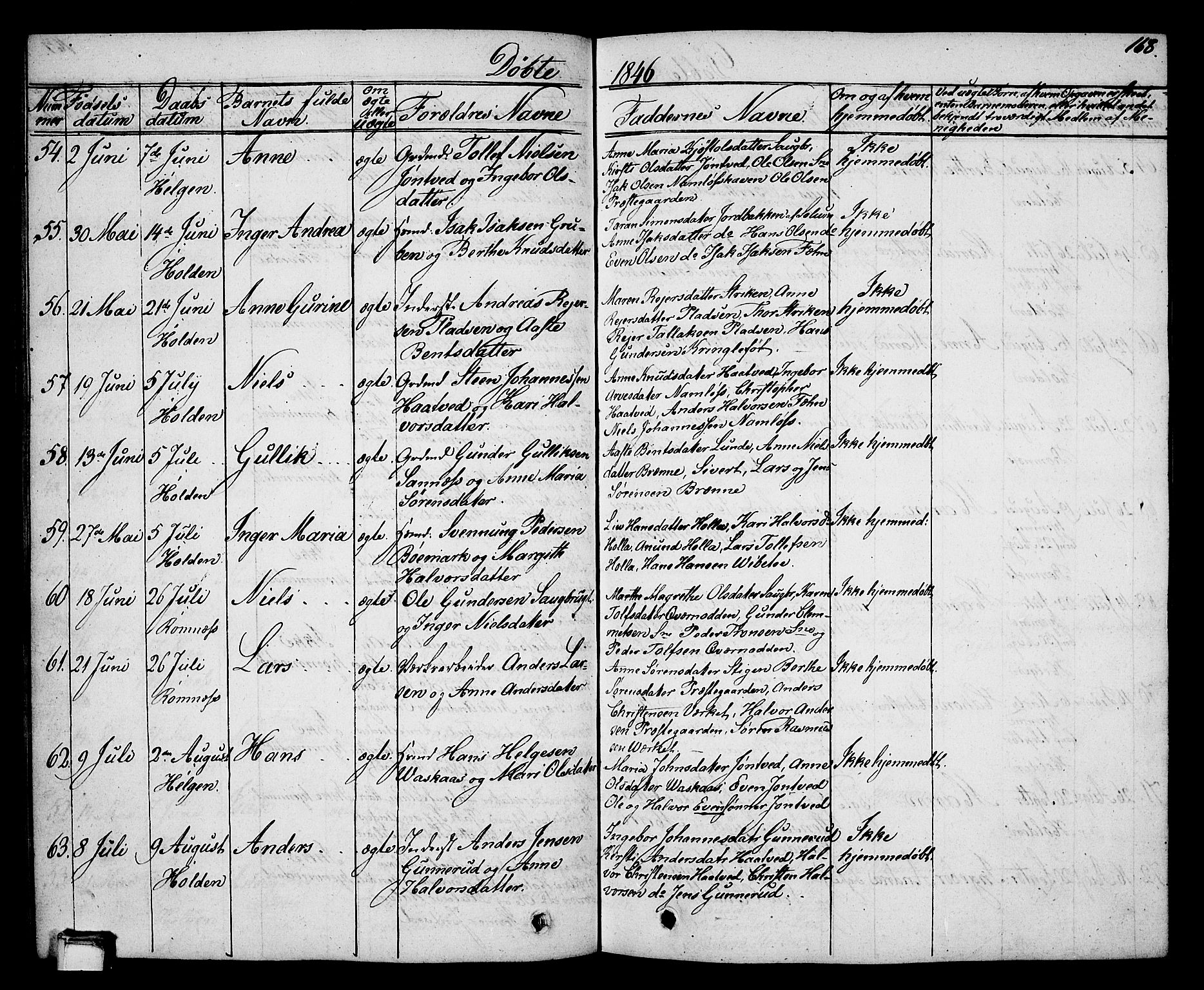 Holla kirkebøker, SAKO/A-272/G/Ga/L0002: Parish register (copy) no. I 2, 1830-1848, p. 168