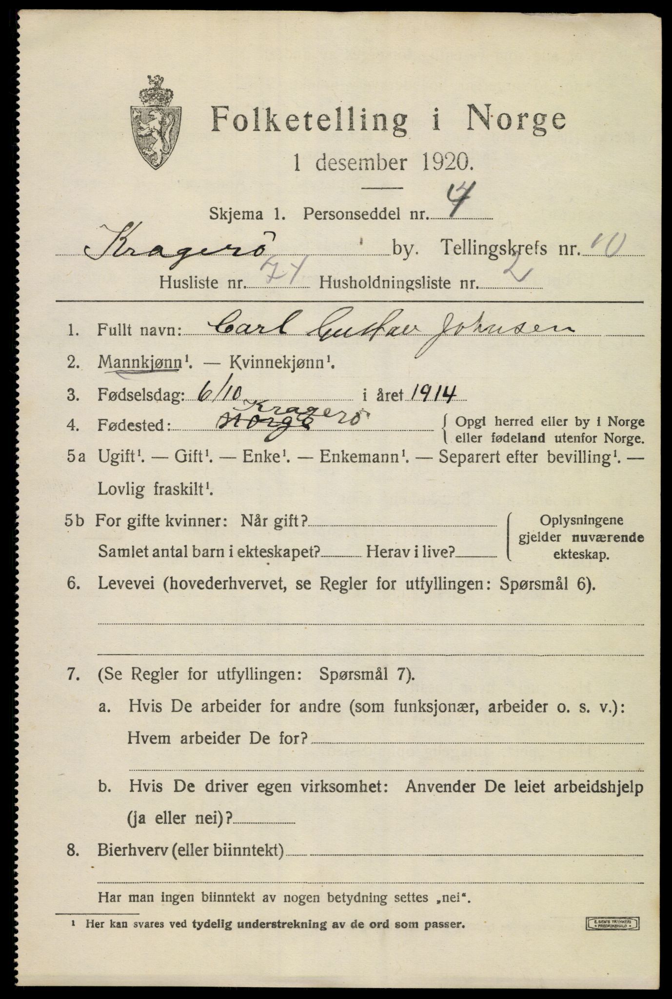 SAKO, 1920 census for Kragerø, 1920, p. 13883