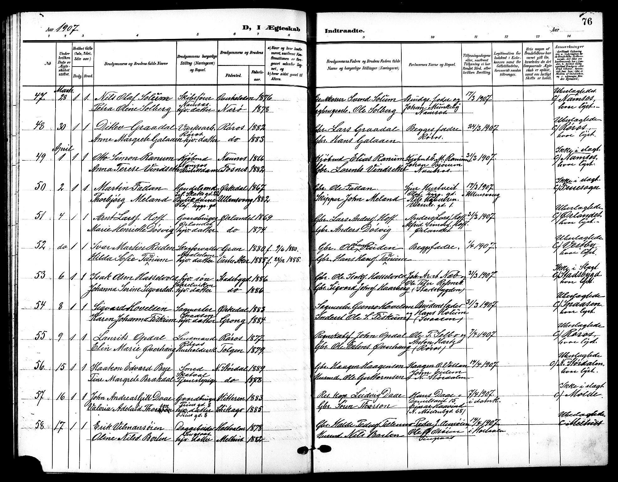 Ministerialprotokoller, klokkerbøker og fødselsregistre - Sør-Trøndelag, AV/SAT-A-1456/601/L0095: Parish register (copy) no. 601C13, 1902-1911, p. 76