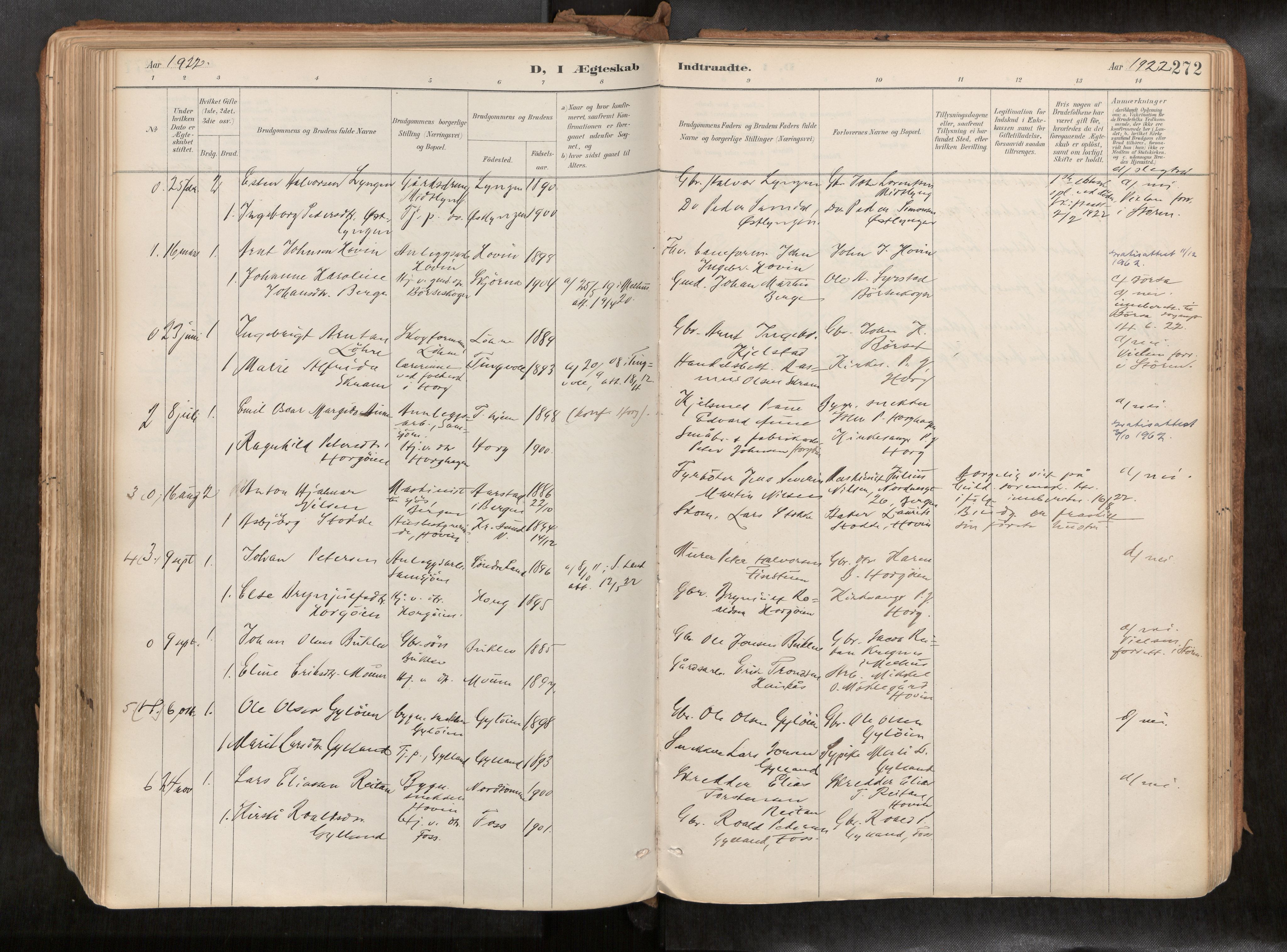 Ministerialprotokoller, klokkerbøker og fødselsregistre - Sør-Trøndelag, AV/SAT-A-1456/692/L1105b: Parish register (official) no. 692A06, 1891-1934, p. 272