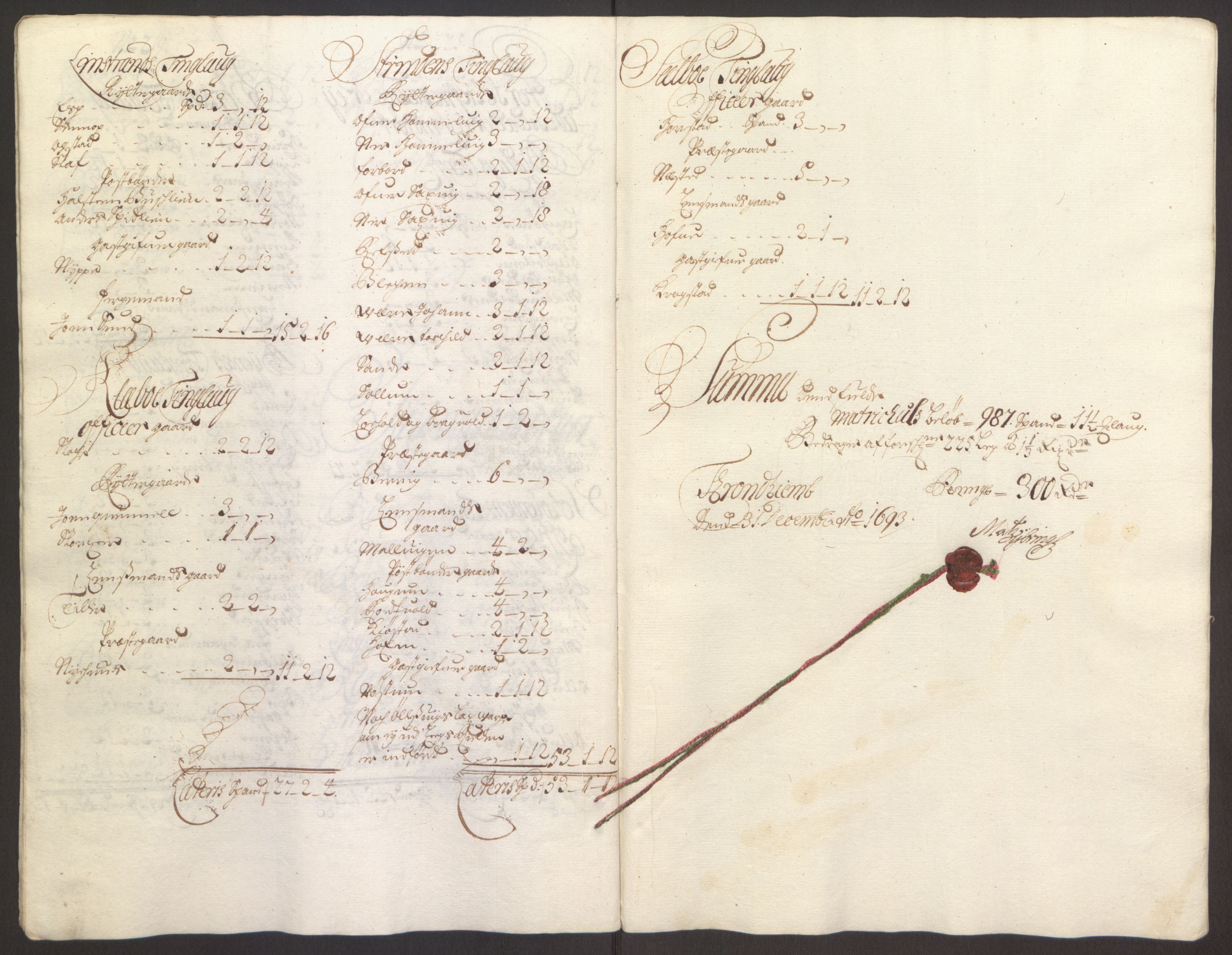 Rentekammeret inntil 1814, Reviderte regnskaper, Fogderegnskap, AV/RA-EA-4092/R61/L4104: Fogderegnskap Strinda og Selbu, 1693-1694, p. 94