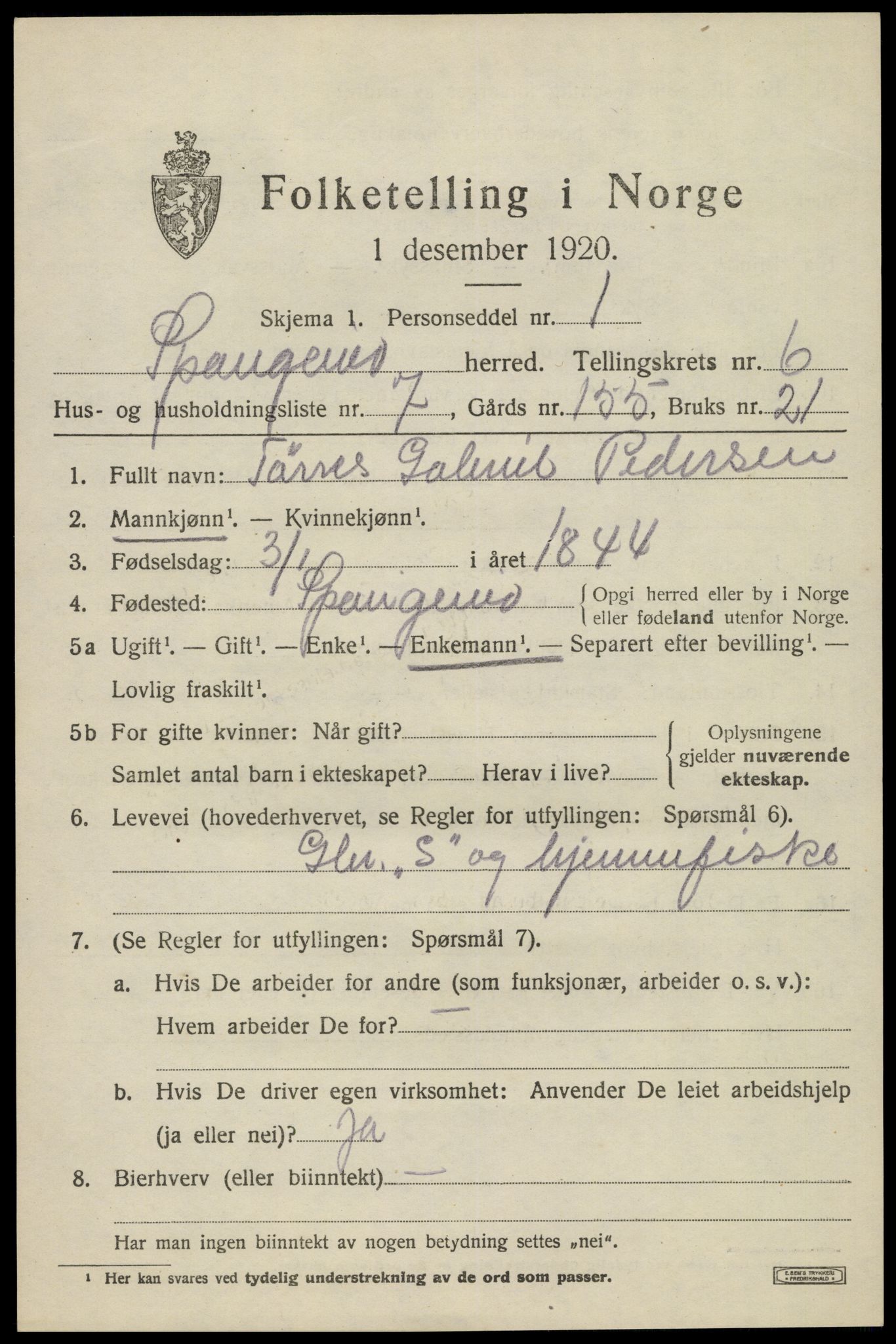 SAK, 1920 census for Spangereid, 1920, p. 2247