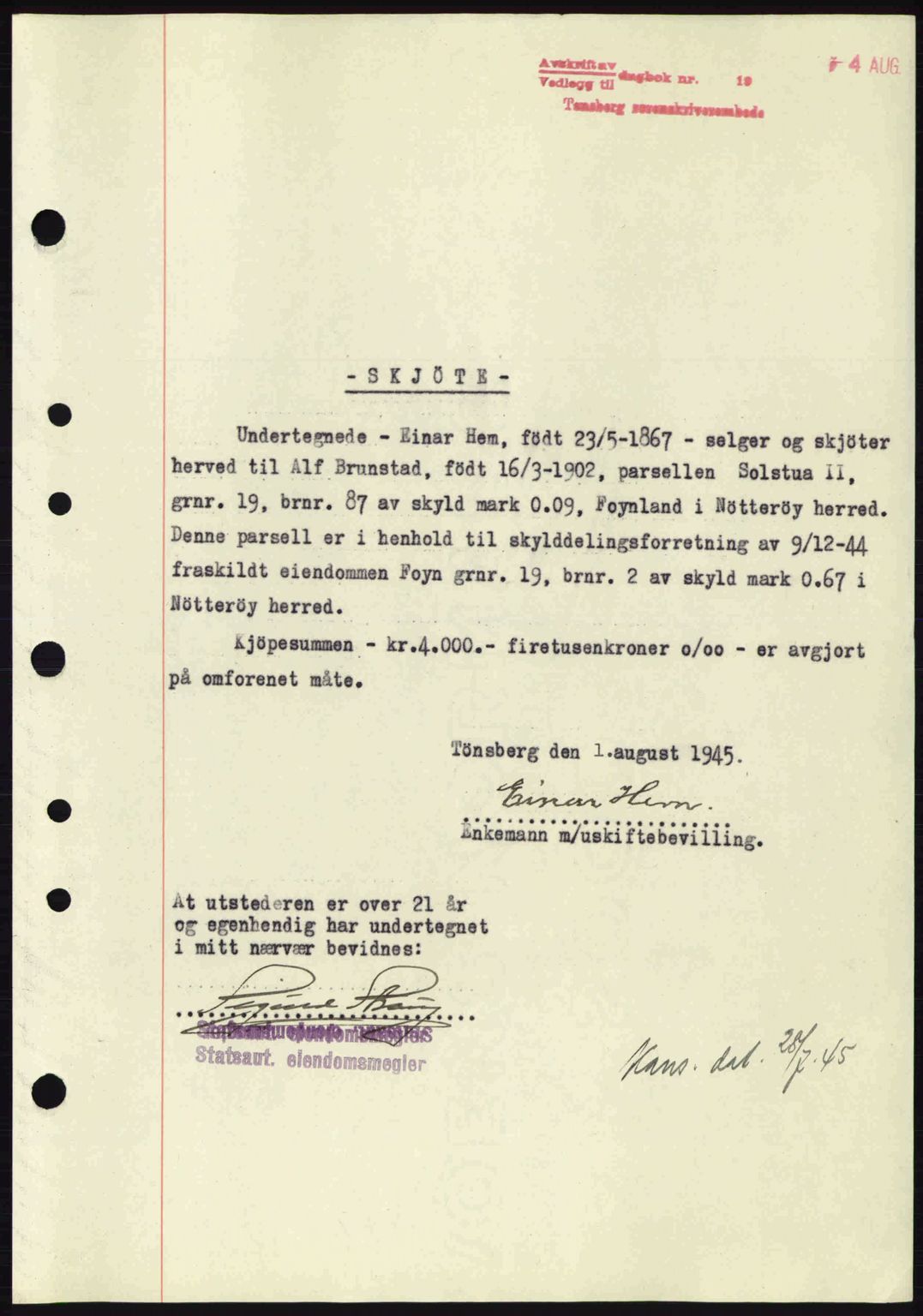 Tønsberg sorenskriveri, AV/SAKO-A-130/G/Ga/Gaa/L0017a: Mortgage book no. A17a, 1945-1945, Diary no: : 1357/1945