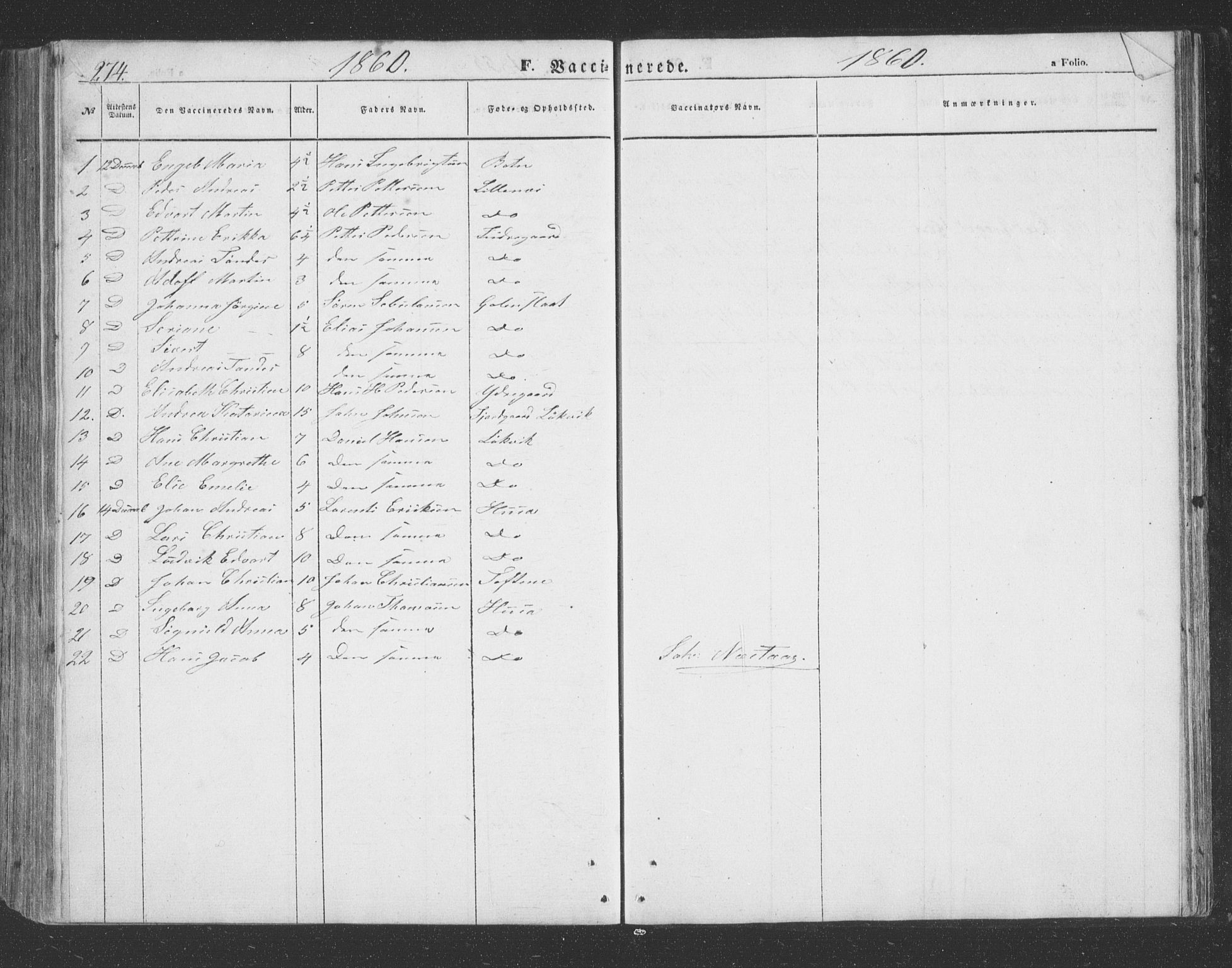 Lenvik sokneprestembete, SATØ/S-1310/H/Ha/Hab/L0020klokker: Parish register (copy) no. 20, 1855-1883, p. 274