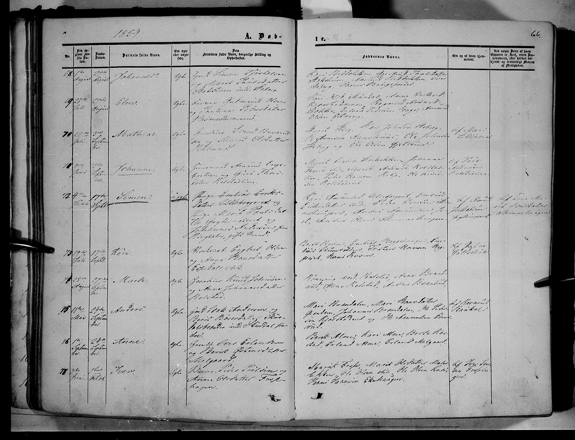 Sør-Fron prestekontor, AV/SAH-PREST-010/H/Ha/Haa/L0001: Parish register (official) no. 1, 1849-1863, p. 66