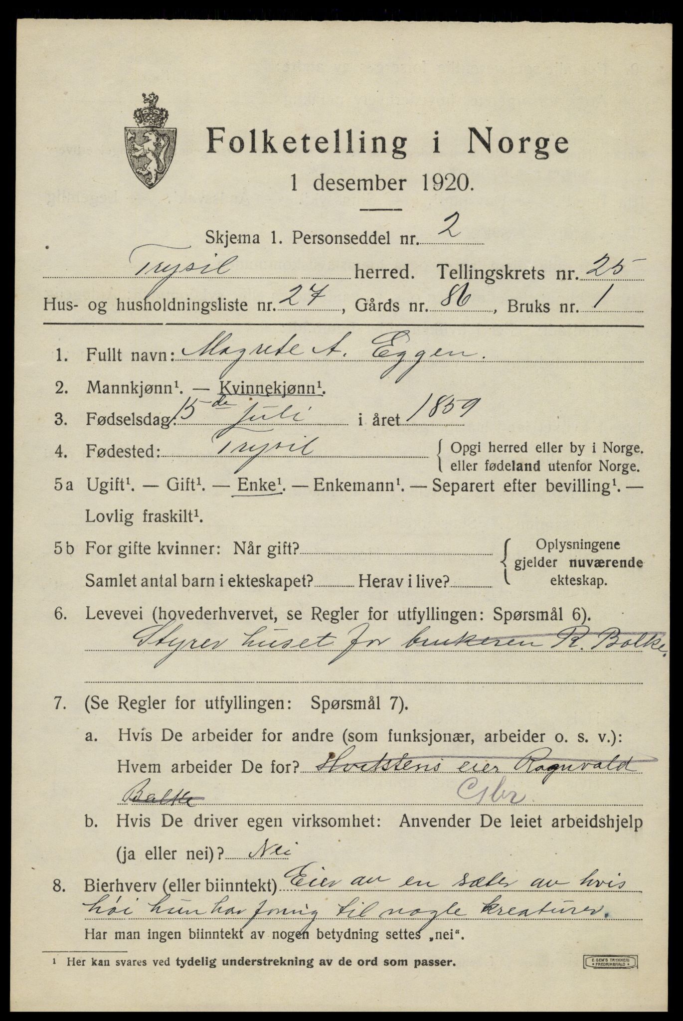 SAH, 1920 census for Trysil, 1920, p. 16001
