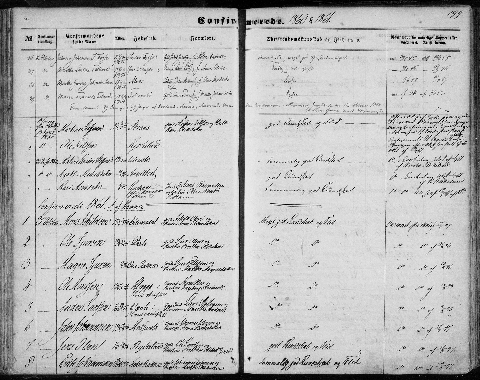 Hamre sokneprestembete, SAB/A-75501/H/Ha/Haa/Haaa/L0014: Parish register (official) no. A 14, 1858-1872, p. 199
