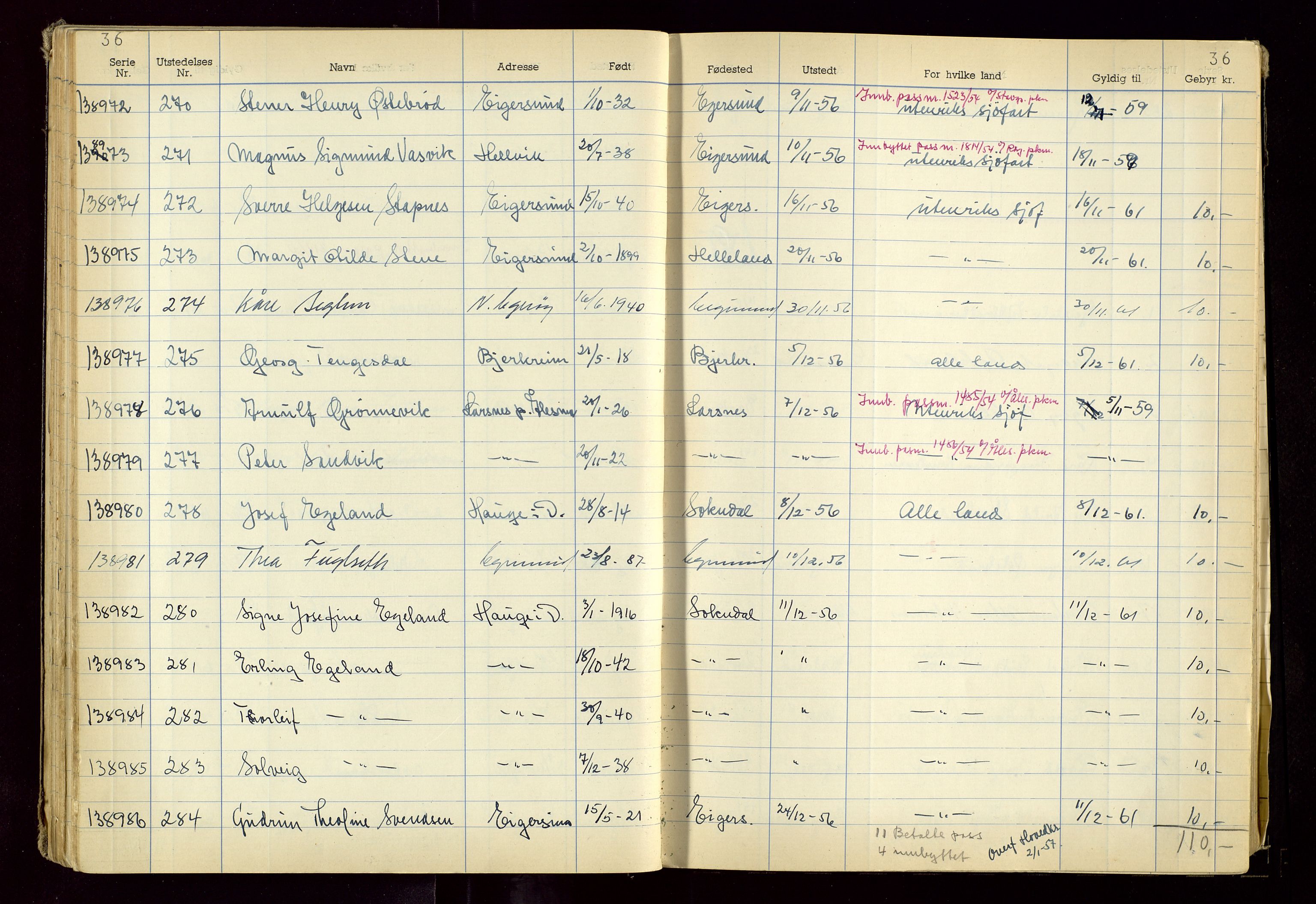 Eigersund politistasjon, AV/SAST-A-100445/K/L0001: Passjournal, 1955-1967, p. 36