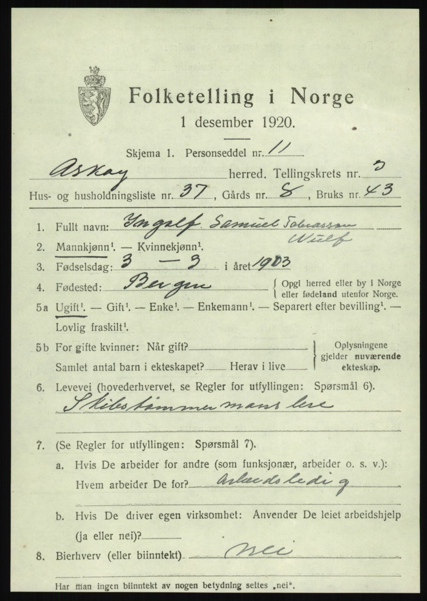 SAB, 1920 census for Askøy, 1920, p. 6840