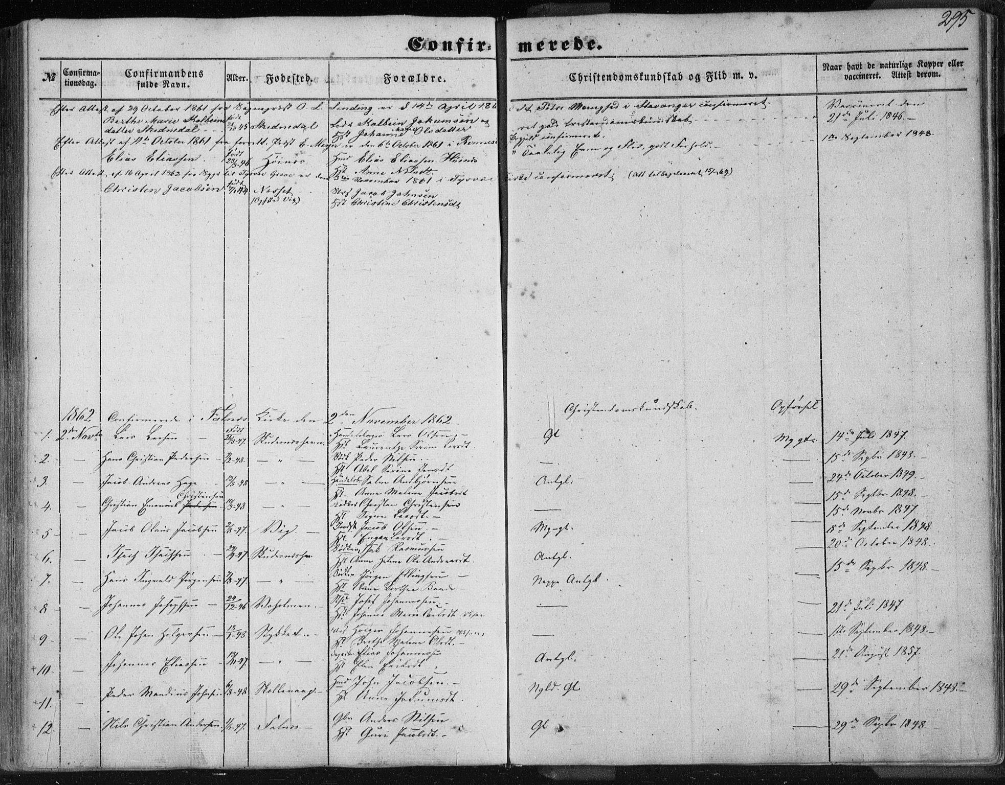 Skudenes sokneprestkontor, AV/SAST-A -101849/H/Ha/Haa/L0004: Parish register (official) no. A 3.1, 1847-1863, p. 295