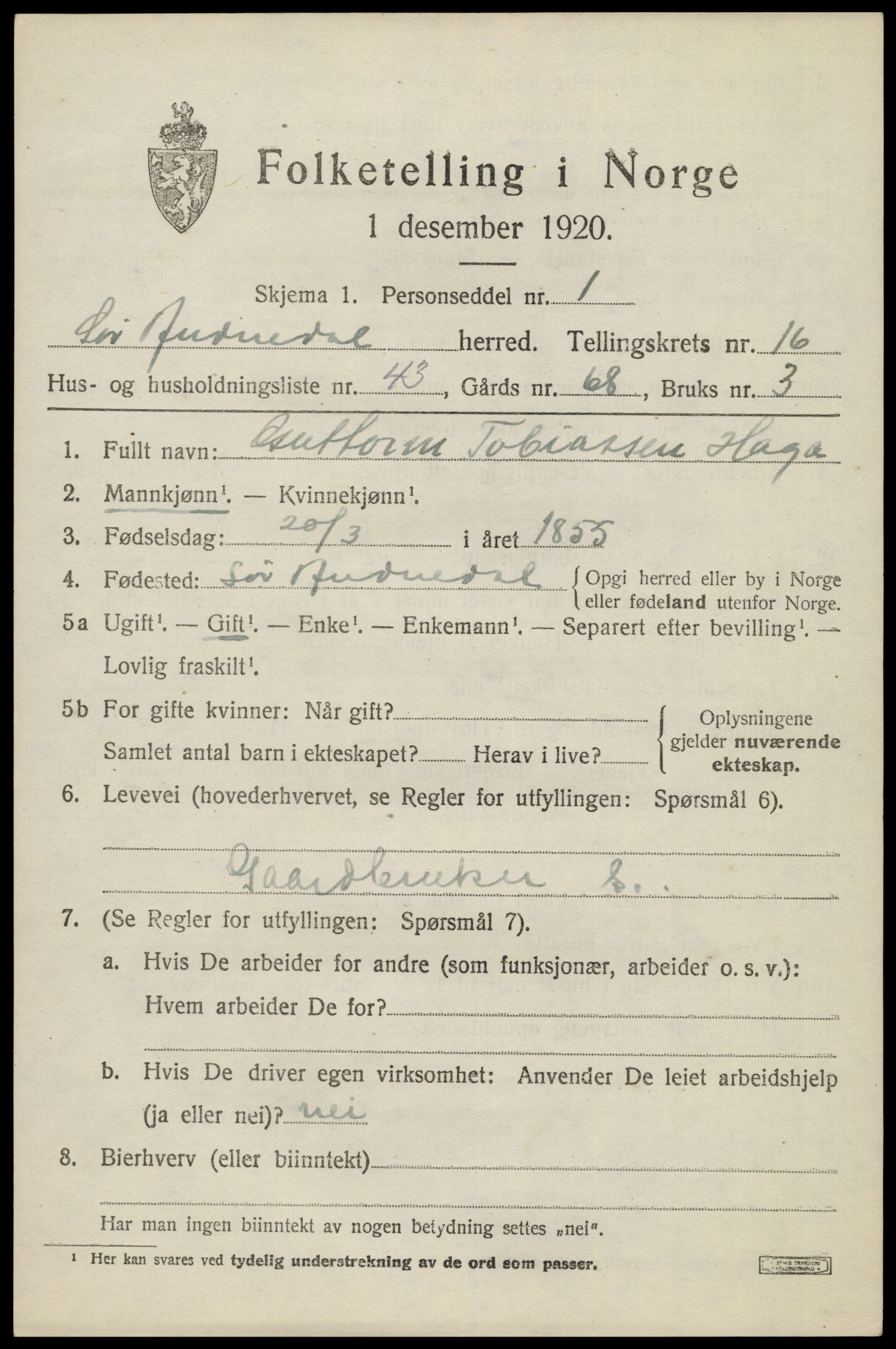 SAK, 1920 census for Sør-Audnedal, 1920, p. 6255