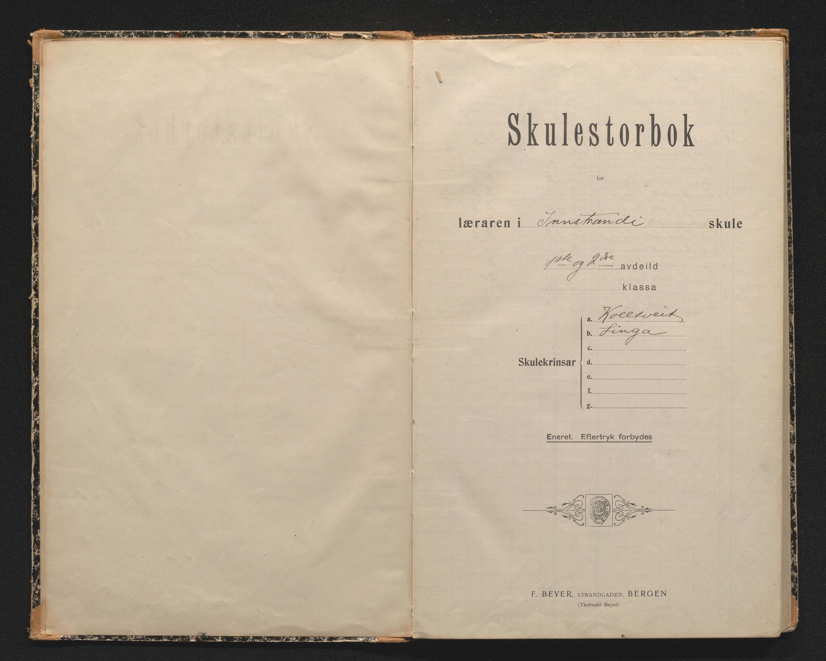 Strandebarm kommune. Barneskulane, IKAH/1226-231/F/Fa/L0005: Skuleprotokoll for Innstranda skule, 1907-1956