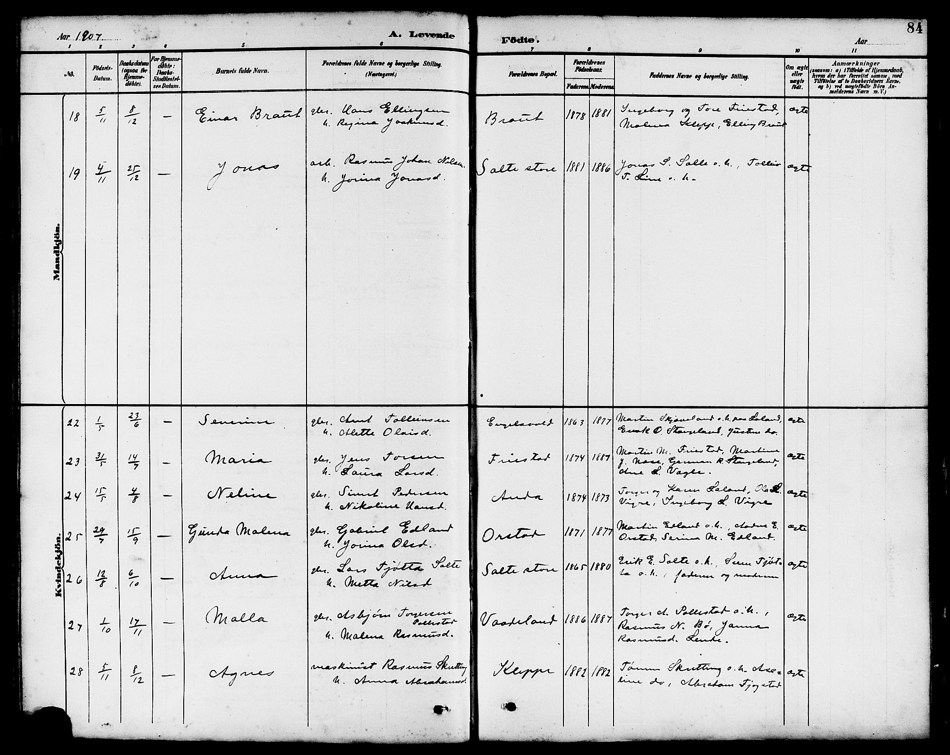 Klepp sokneprestkontor, SAST/A-101803/001/3/30BB/L0004: Parish register (copy) no. B 4, 1889-1914, p. 84