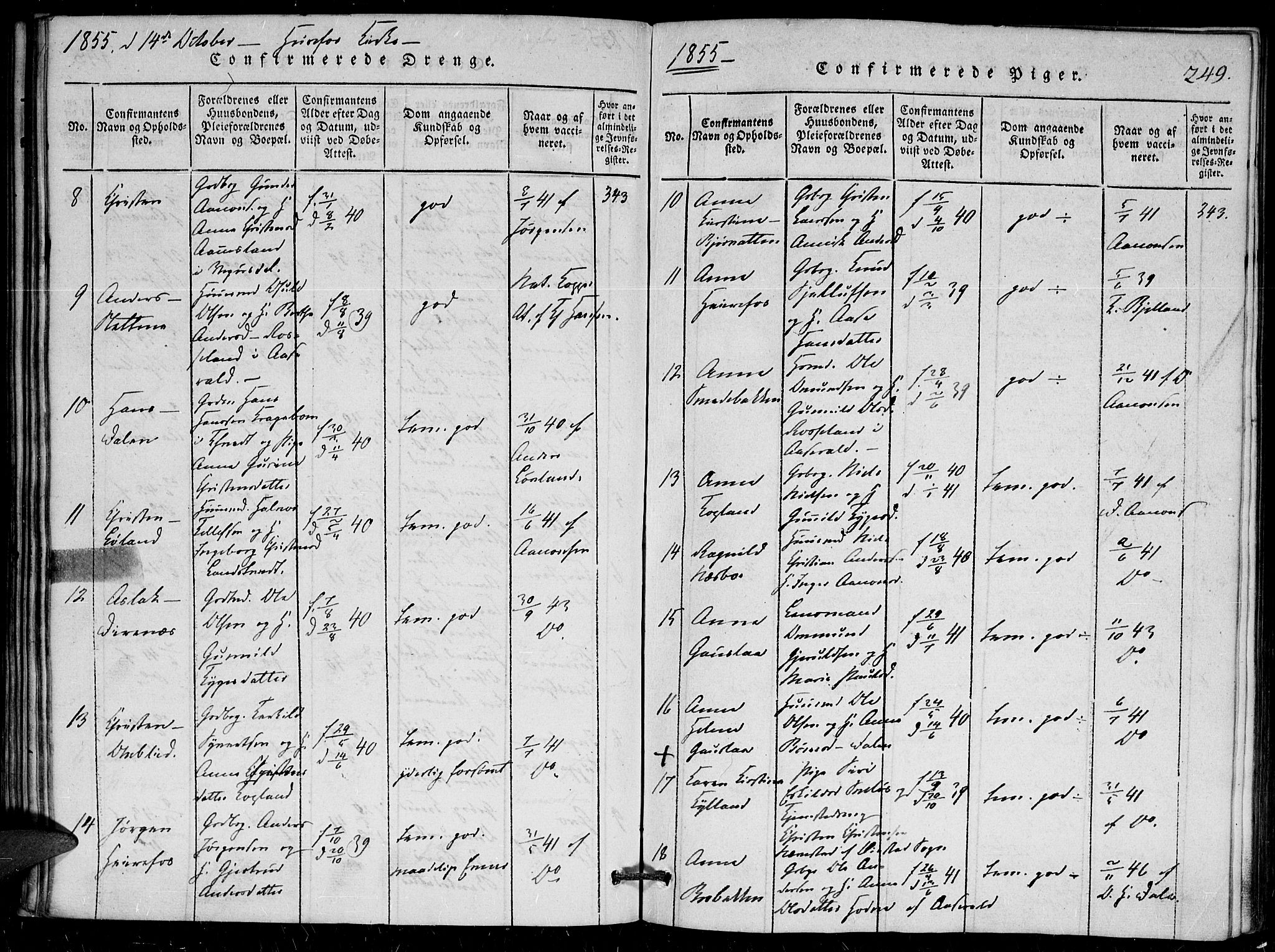 Herefoss sokneprestkontor, AV/SAK-1111-0019/F/Fa/Faa/L0001: Parish register (official) no. A 1, 1816-1860, p. 249