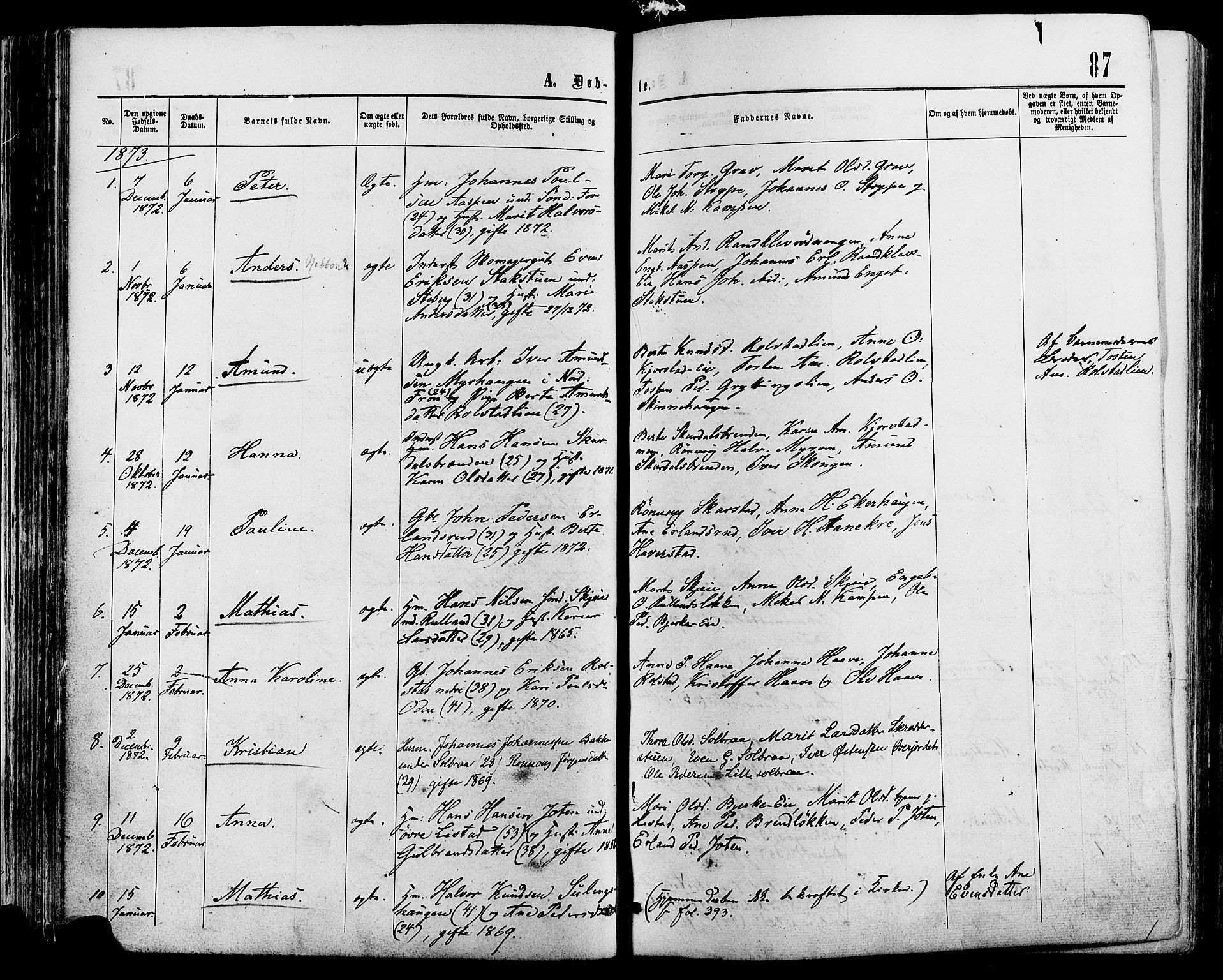 Sør-Fron prestekontor, SAH/PREST-010/H/Ha/Haa/L0002: Parish register (official) no. 2, 1864-1880, p. 87