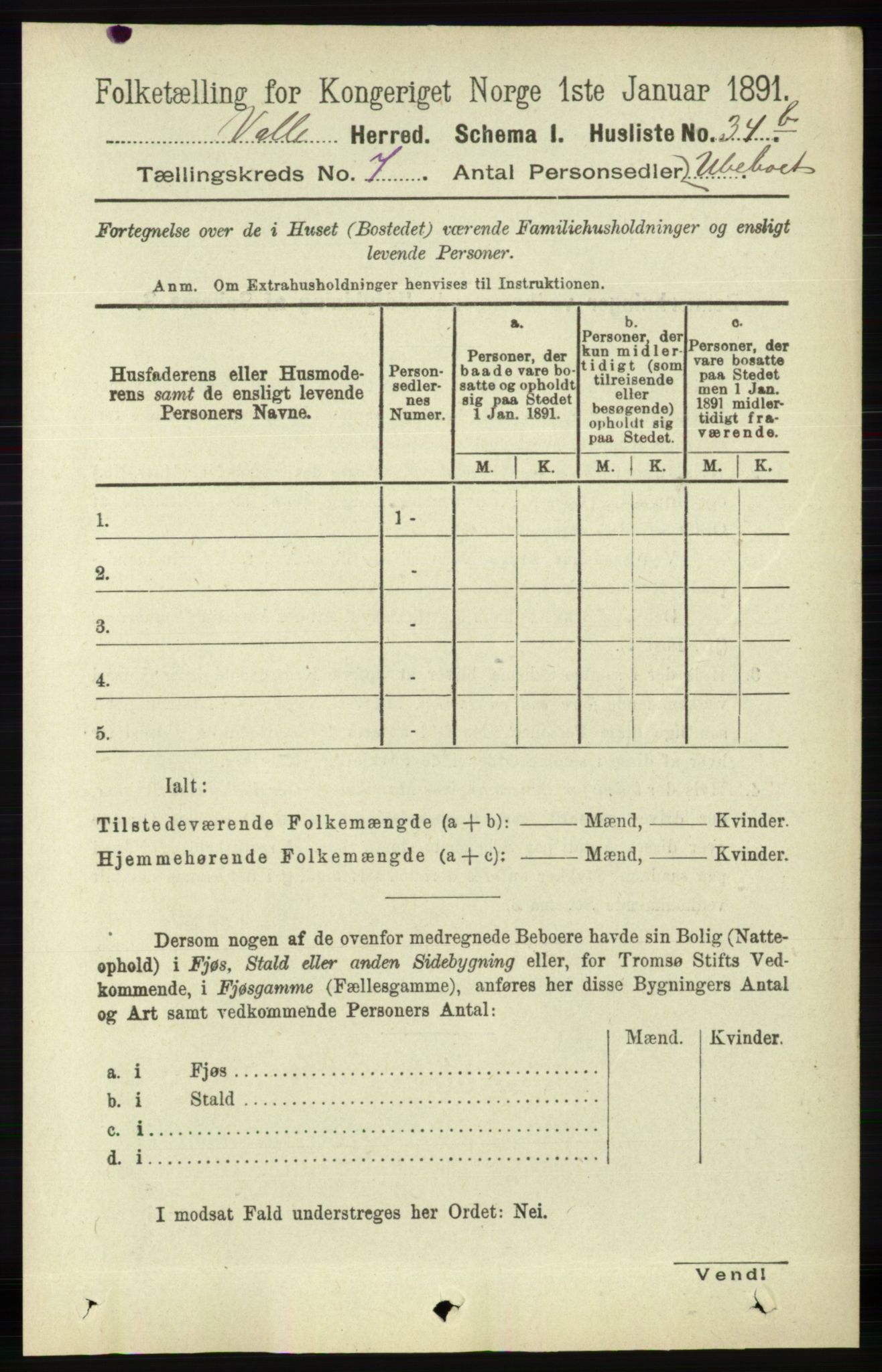 RA, 1891 census for 0940 Valle, 1891, p. 1958