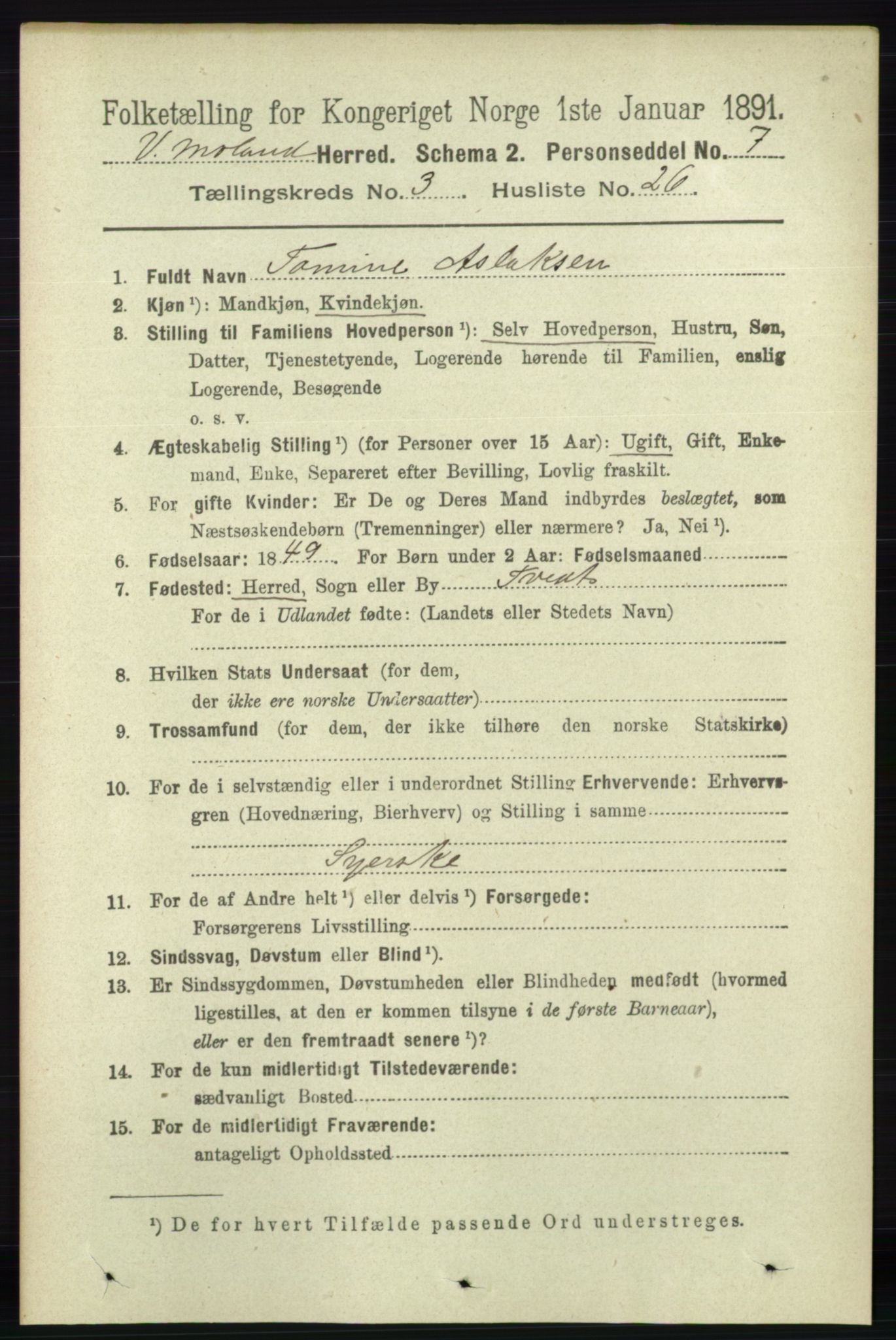 RA, 1891 census for 0926 Vestre Moland, 1891, p. 1101