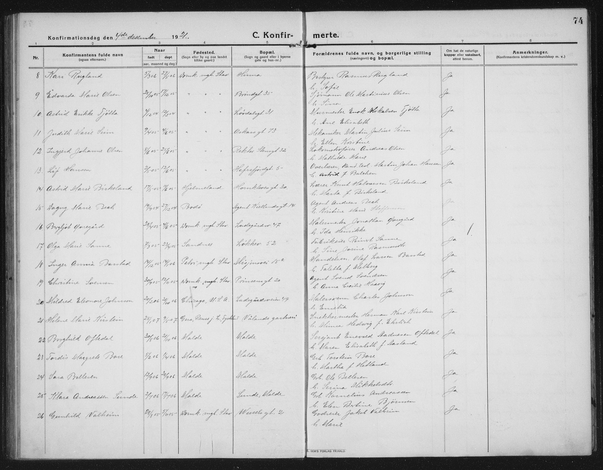 Domkirken sokneprestkontor, AV/SAST-A-101812/002/A/L0019: Parish register (official) no. A 35, 1916-1932, p. 74