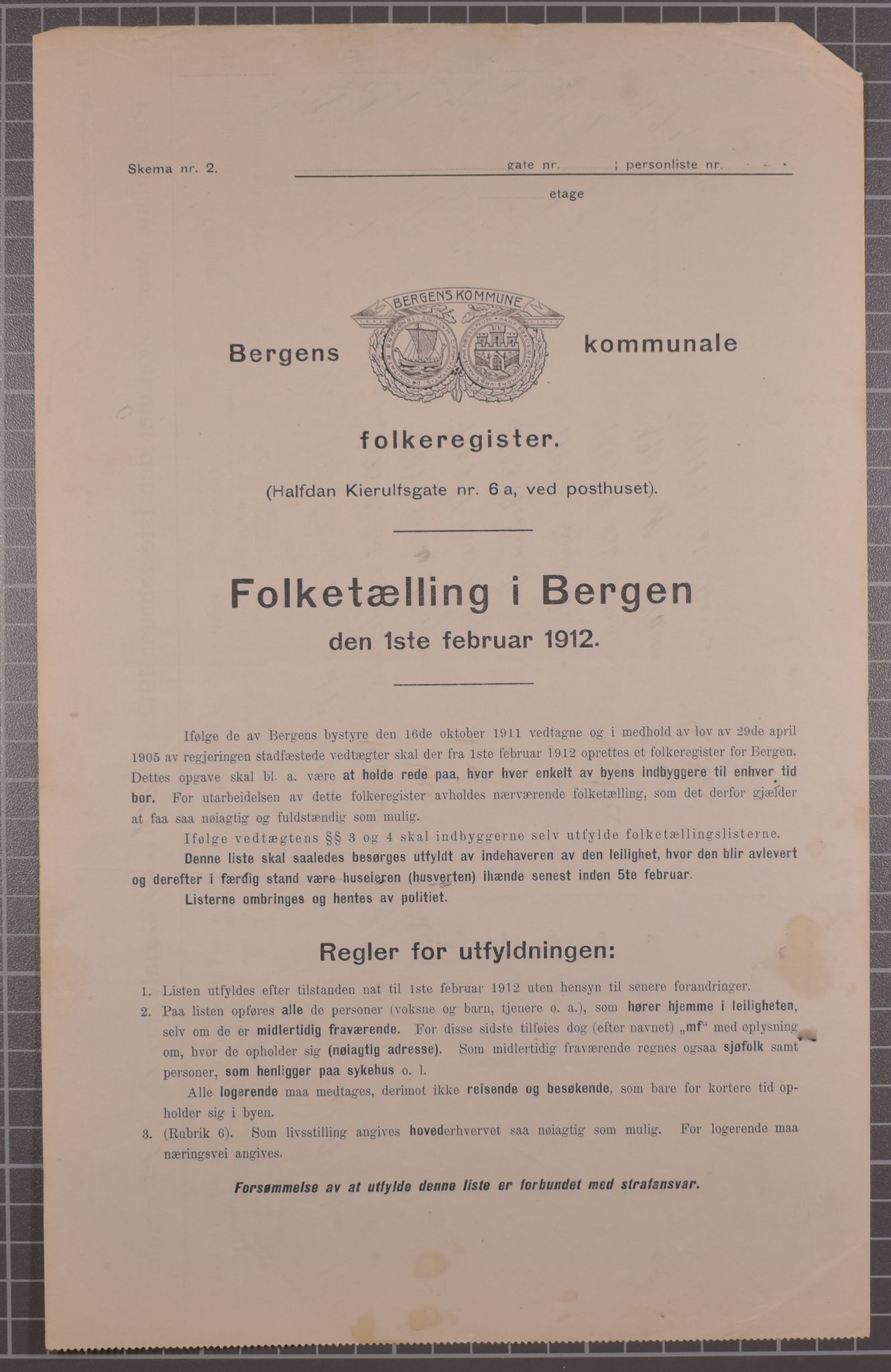 SAB, Municipal Census 1912 for Bergen, 1912, p. 3077