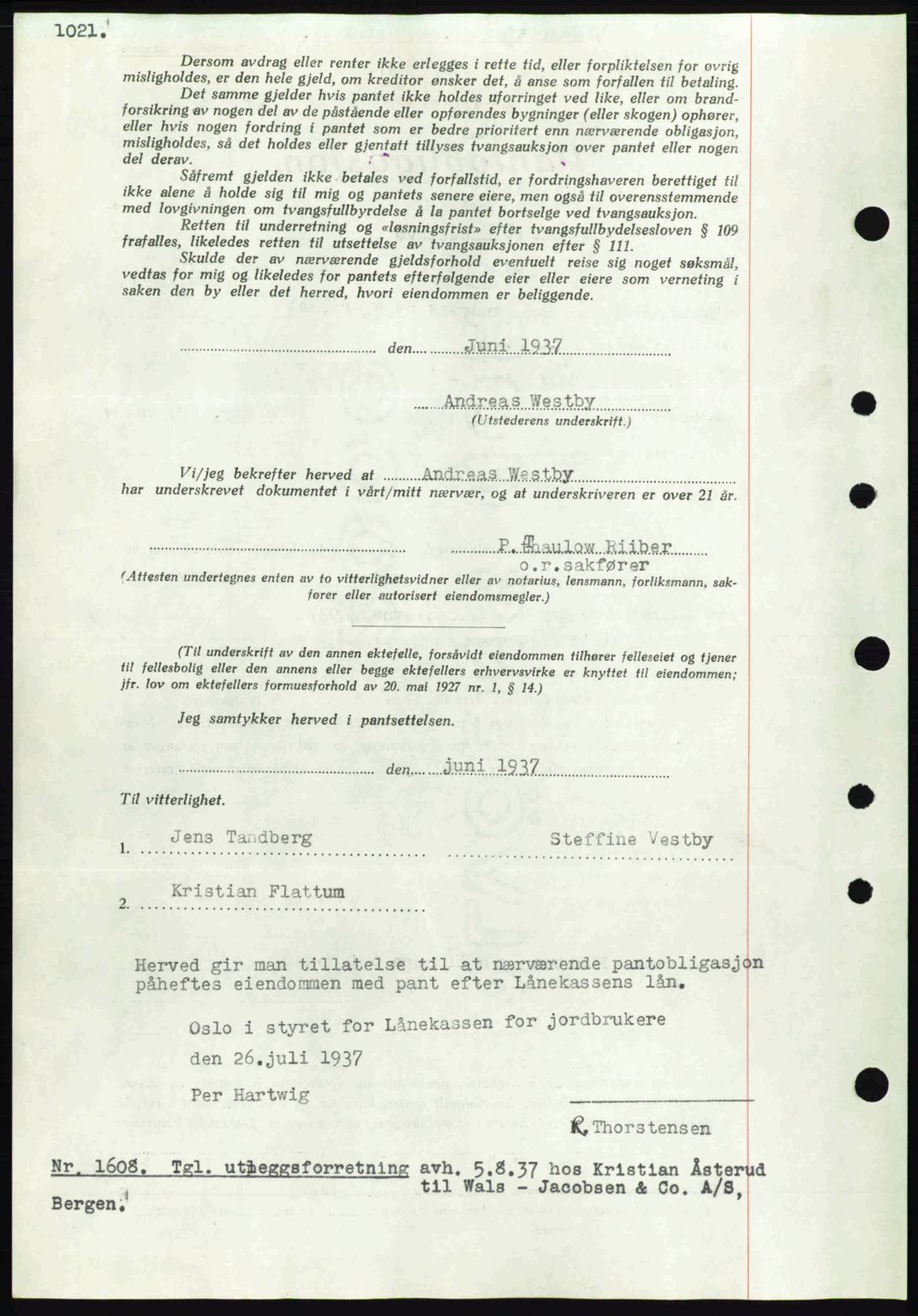 Eiker, Modum og Sigdal sorenskriveri, SAKO/A-123/G/Ga/Gab/L0035: Mortgage book no. A5, 1937-1937, Diary no: : 1608/1937