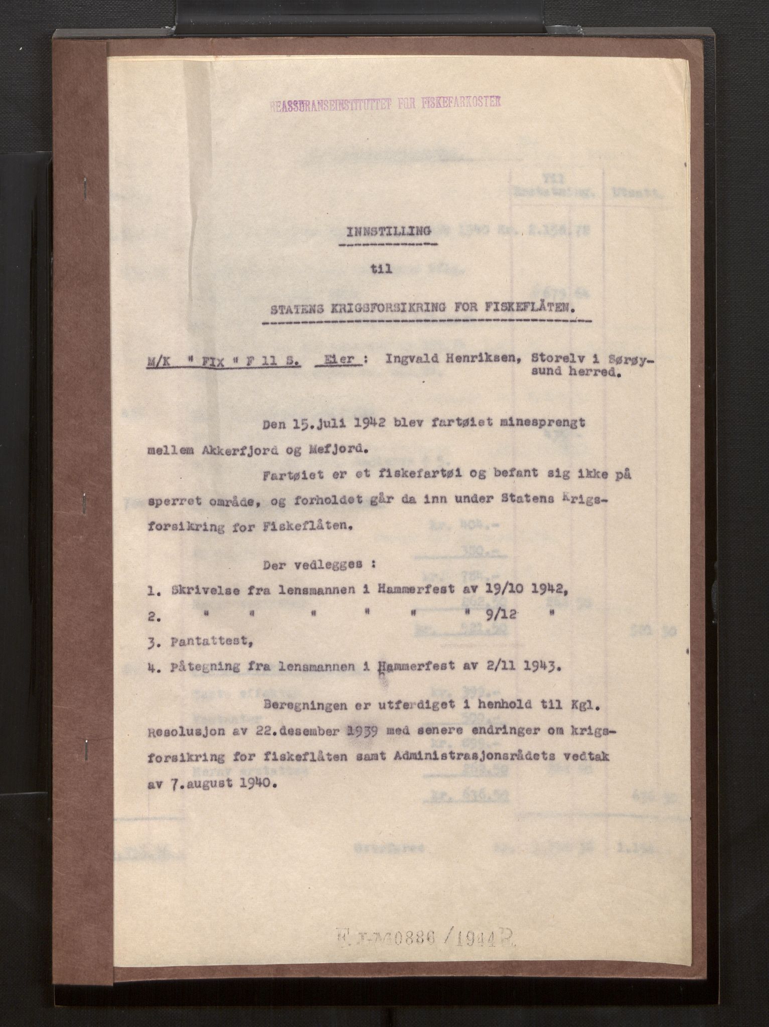 Fiskeridirektoratet - 1 Adm. ledelse - 13 Båtkontoret, AV/SAB-A-2003/La/L0058: Statens krigsforsikring for fiskeflåten, 1936-1971, p. 830