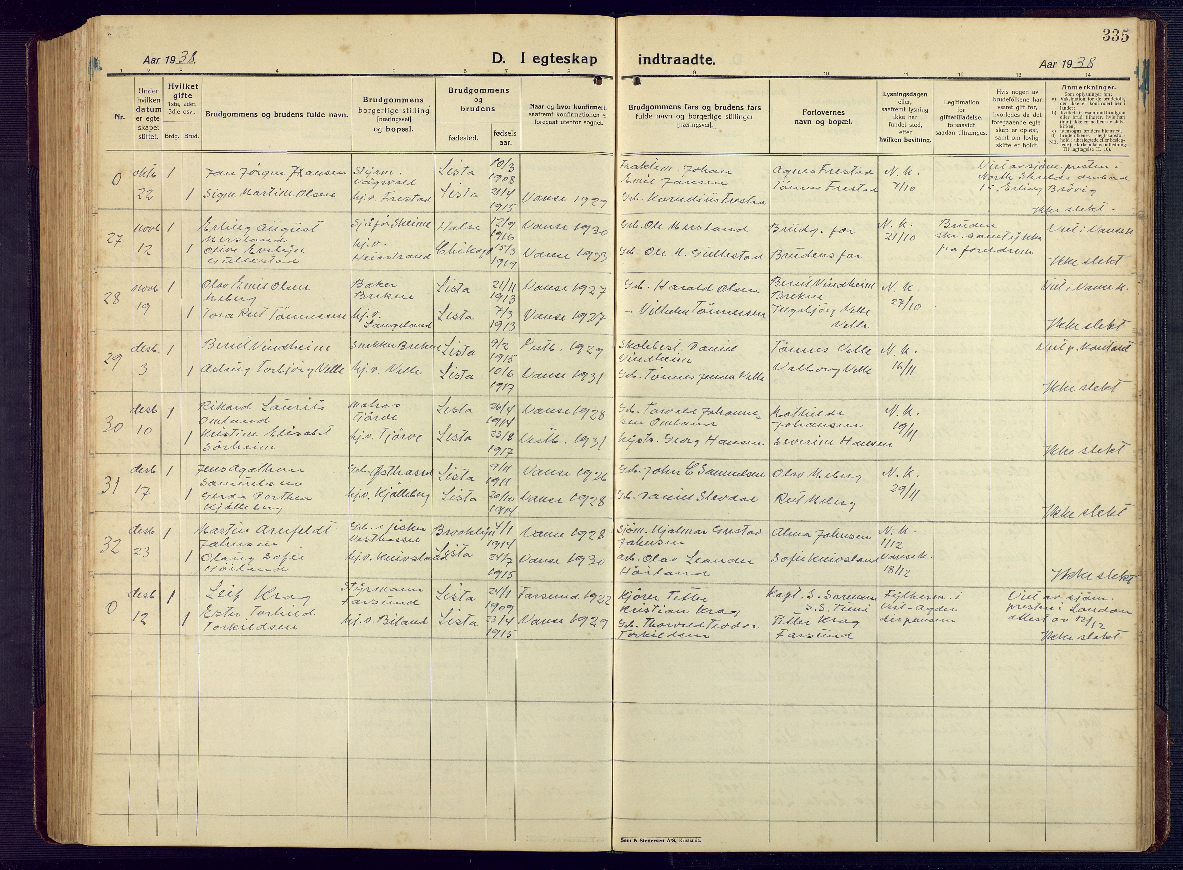 Lista sokneprestkontor, AV/SAK-1111-0027/F/Fb/L0006: Parish register (copy) no. B 6, 1924-1947, p. 335